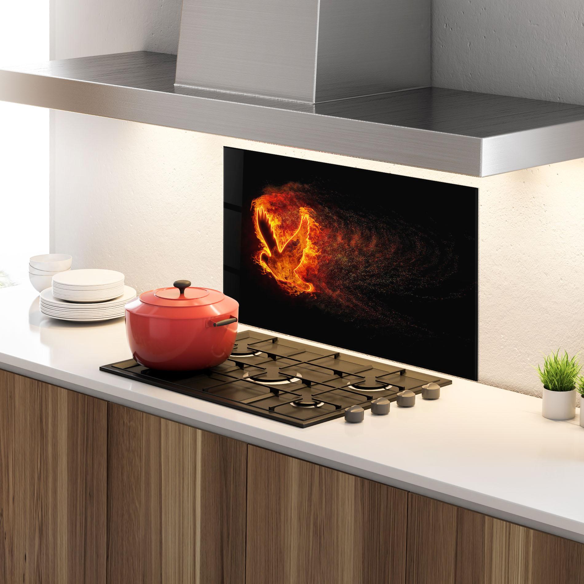 Panou Sticla Bucatarie Flames Bird mockup 4