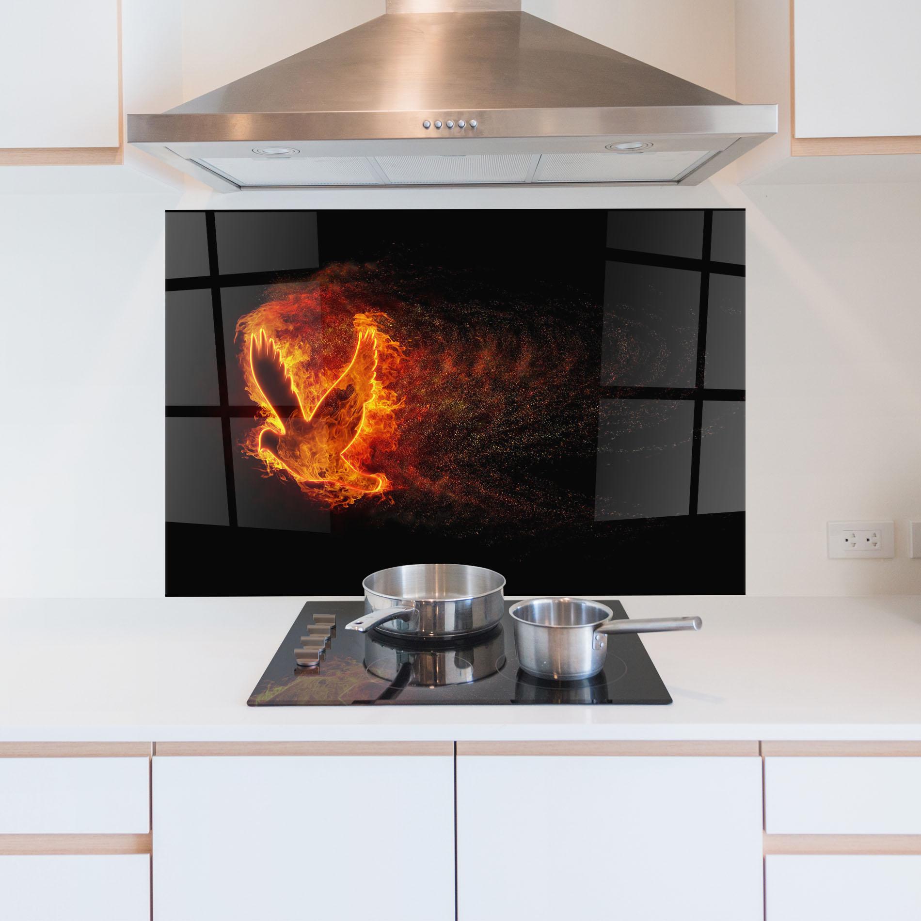Panou Sticla Bucatarie Flames Bird mockup 5