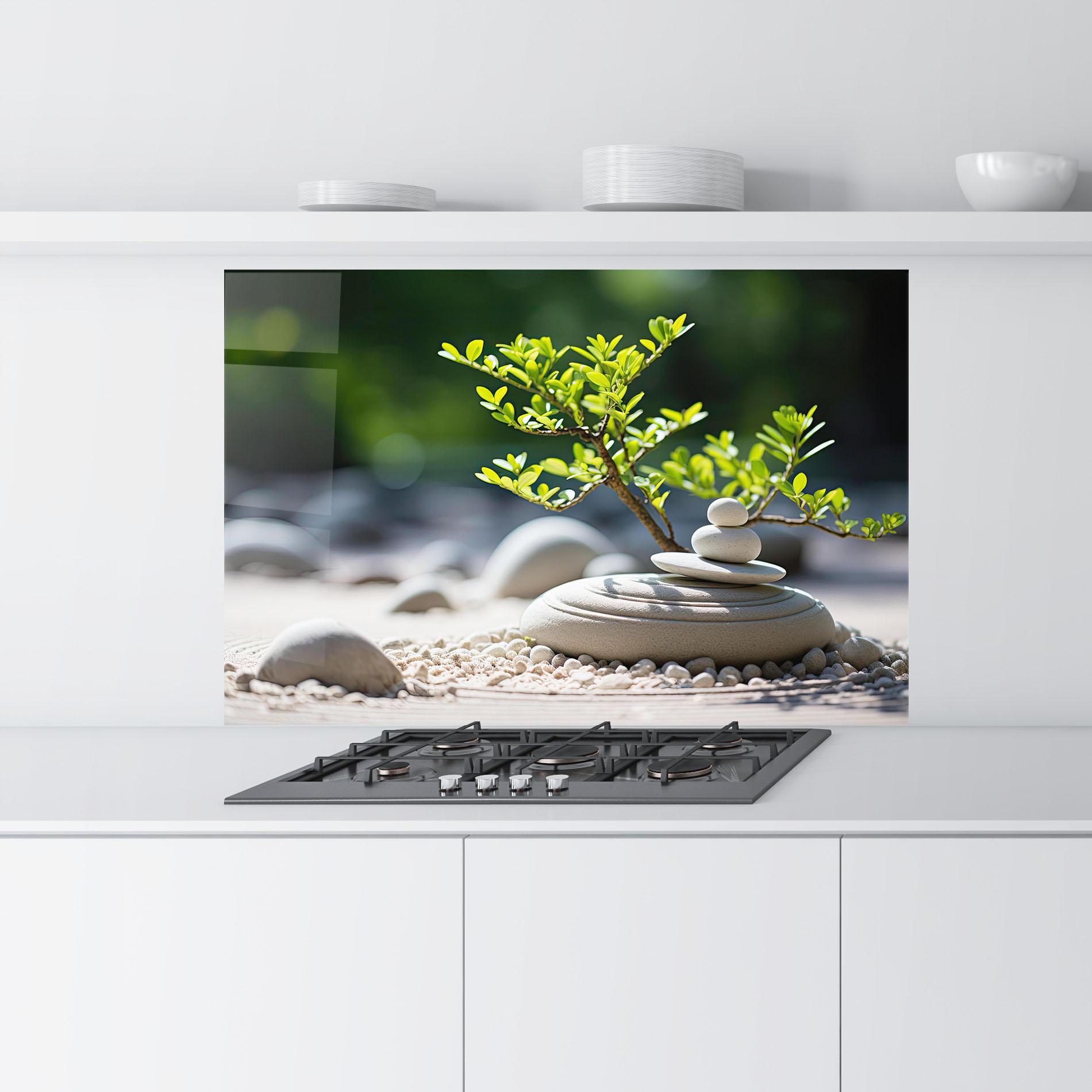 Panou Sticla Bucatarie White Pebbles Plants mockup 9