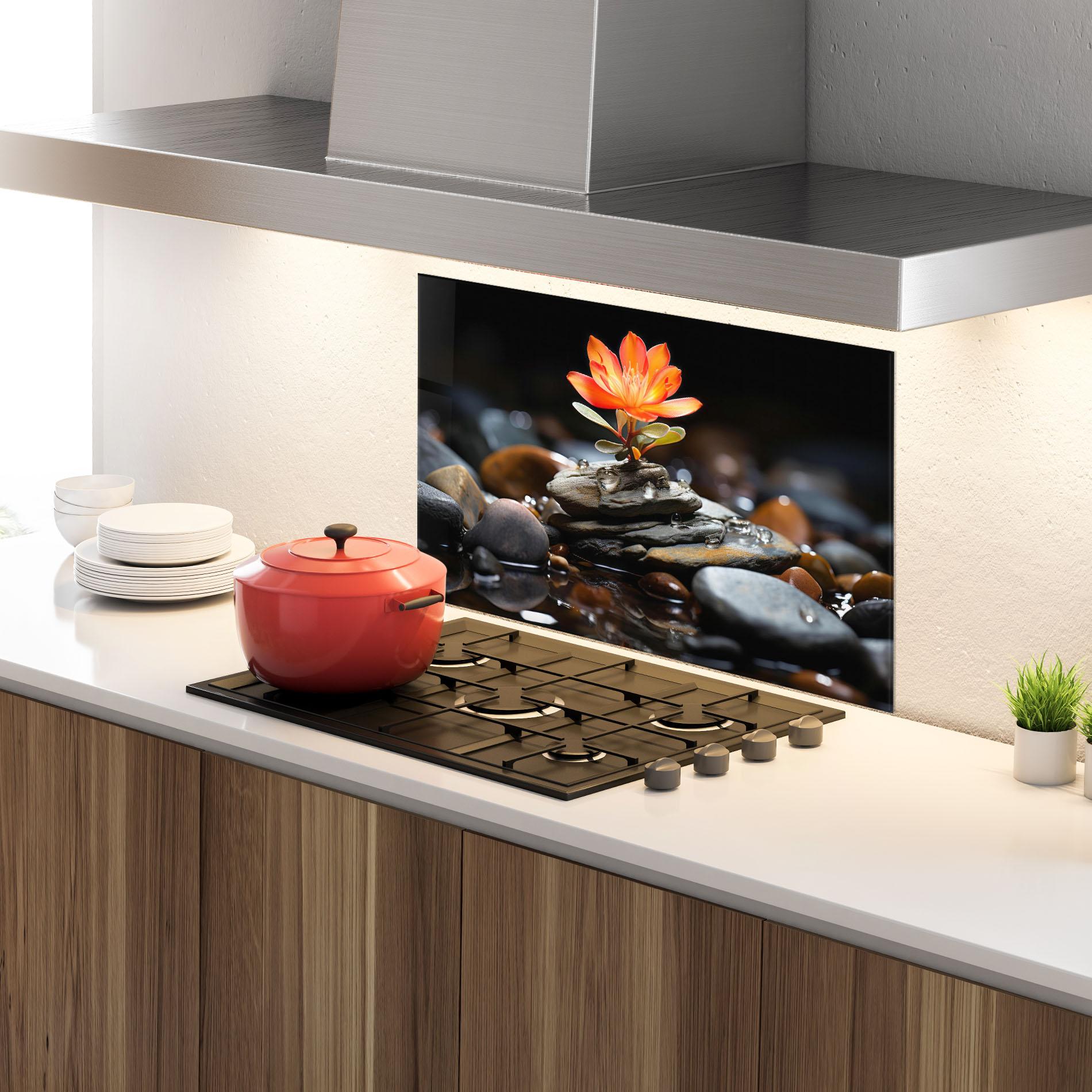 Panou Sticla Bucatarie Orange Flower Stone mockup 4