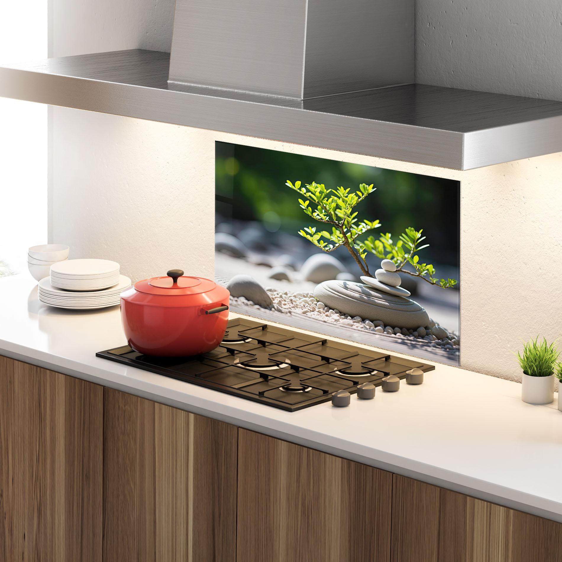 Panou Sticla Bucatarie White Pebbles Plants mockup 4
