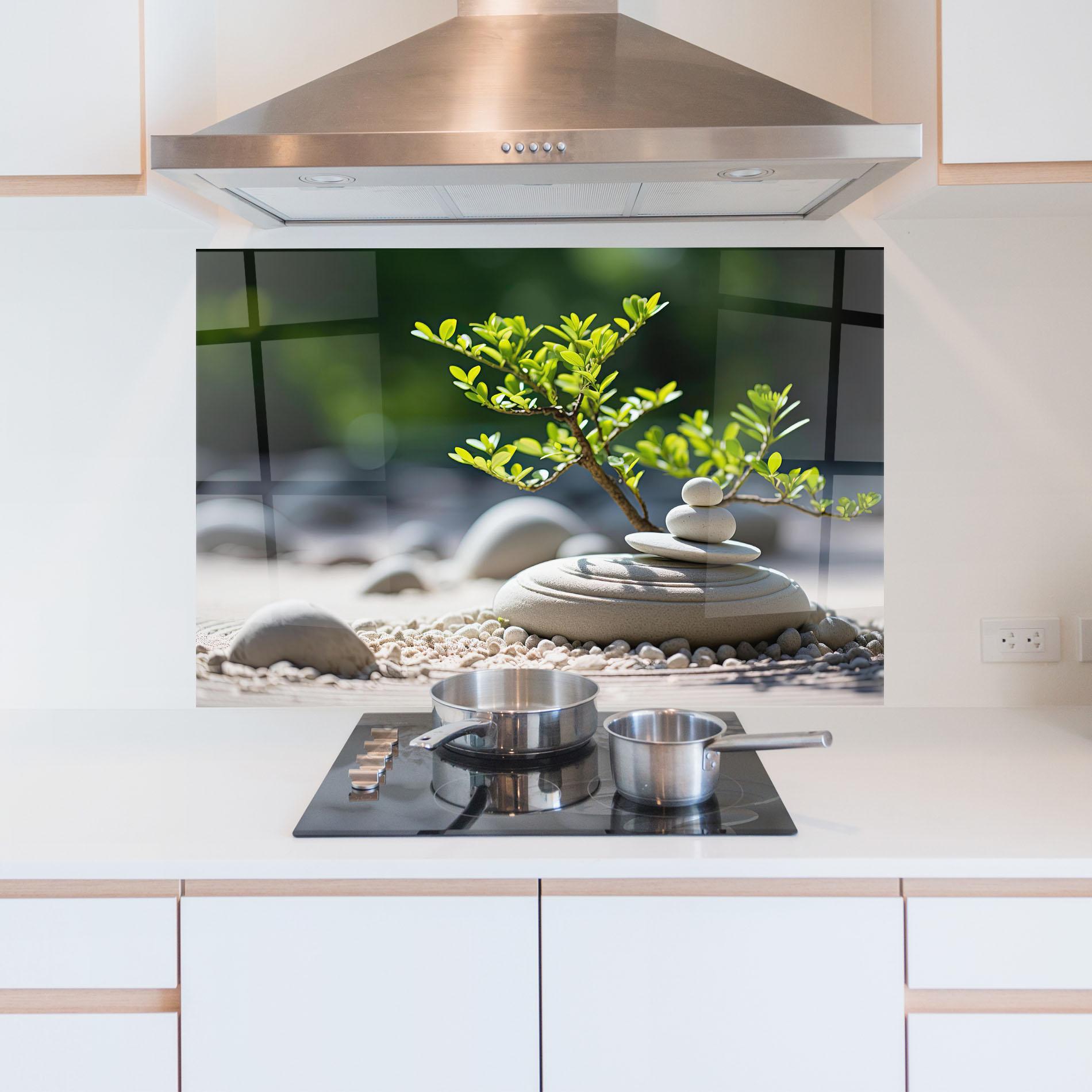 Panou Sticla Bucatarie White Pebbles Plants mockup 5
