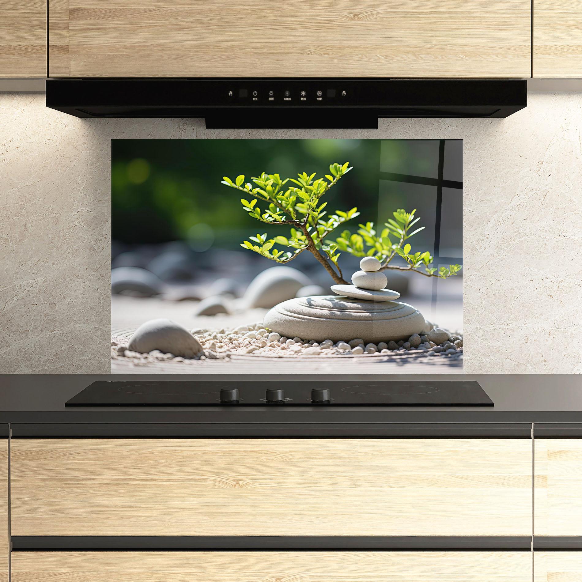 Panou Sticla Bucatarie White Pebbles Plants mockup 3