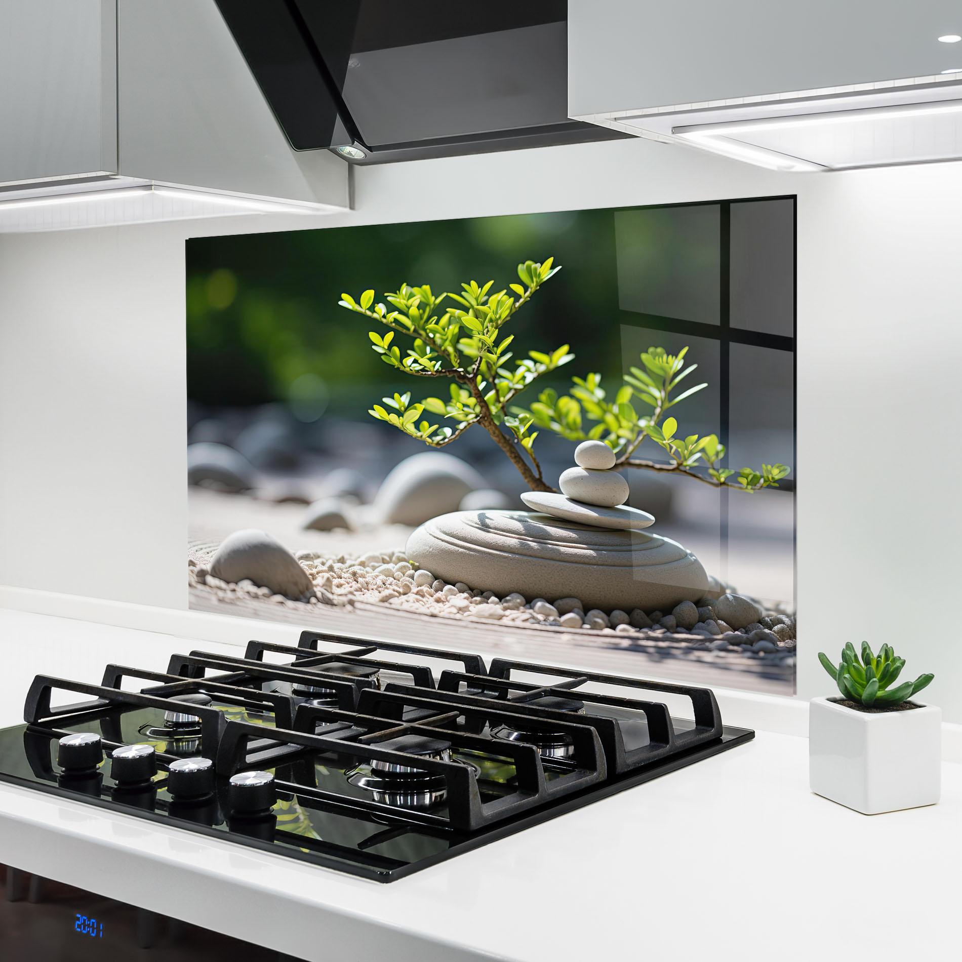 Panou Sticla Bucatarie White Pebbles Plants mockup 6