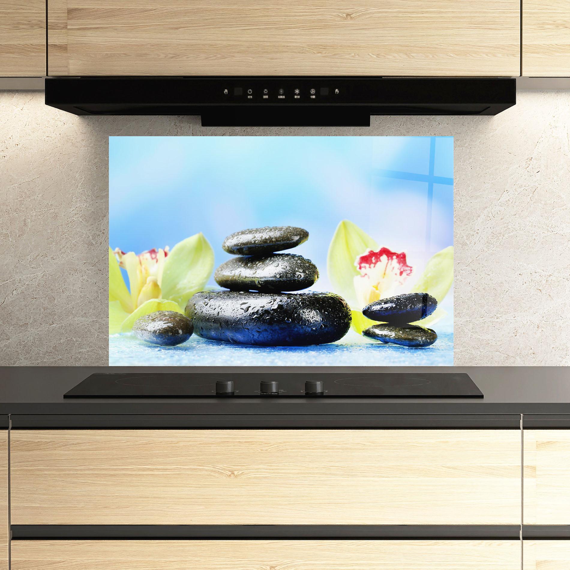 Panou Sticla Bucatarie Blooming Orchid Stone mockup 3