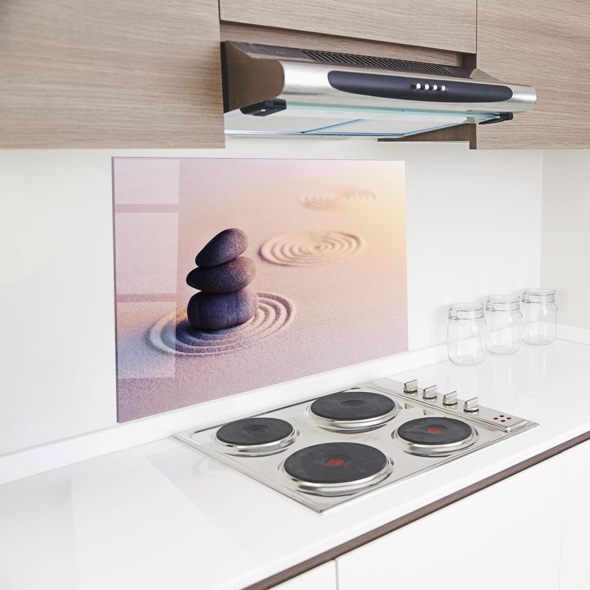 Panou Sticla Bucatarie Meditation Stones Sand mockup 8