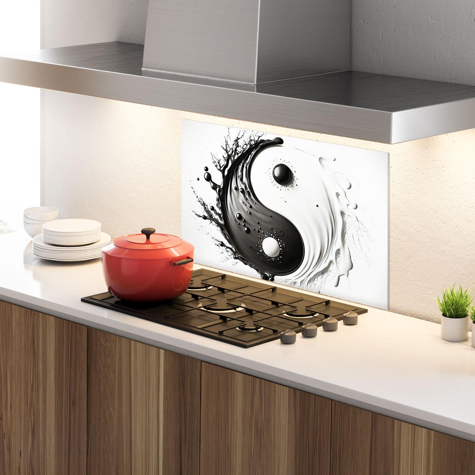 Panou Sticla Bucatarie Black Liquid Yinyang mockup 4