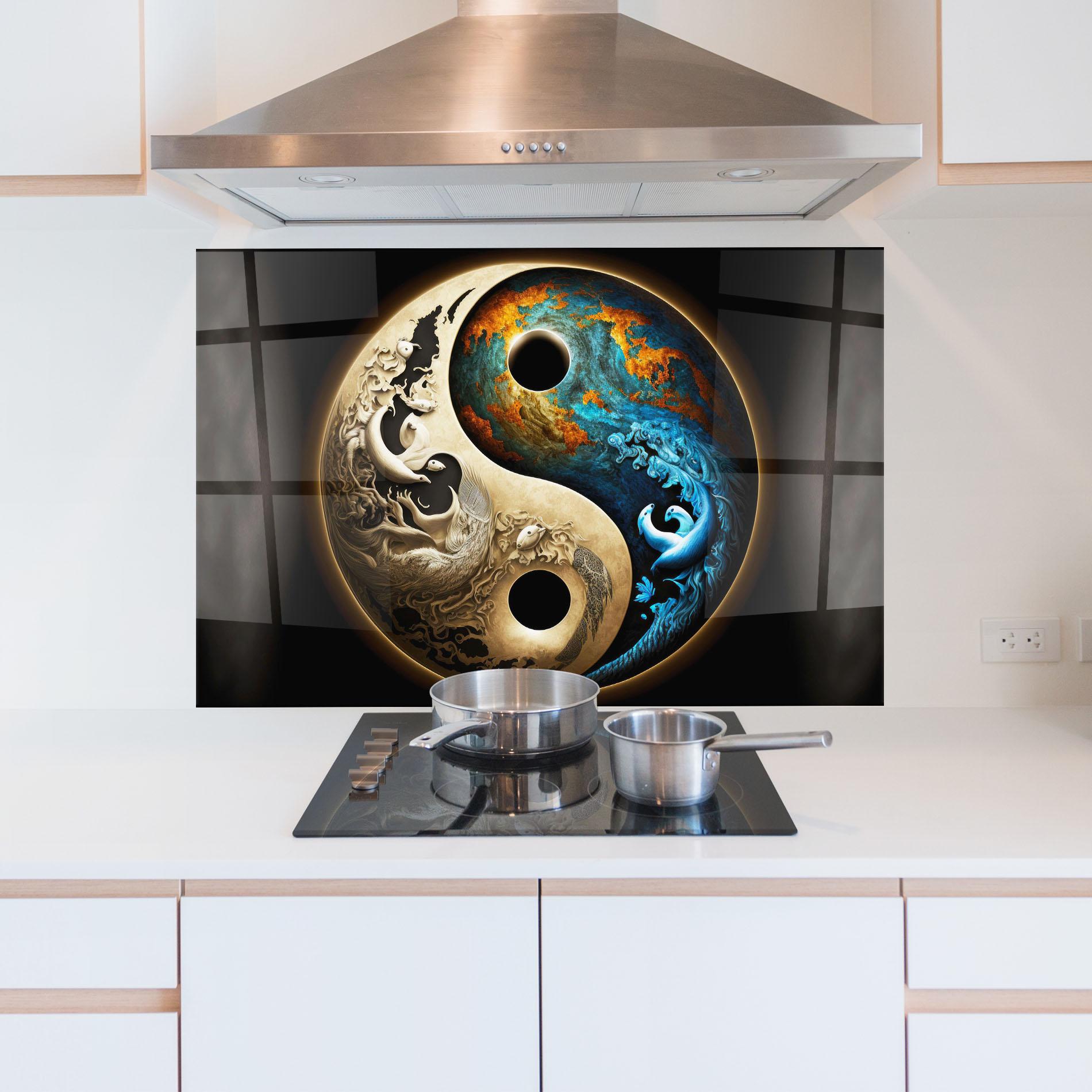 Panou Sticla Bucatarie Cream Blue Yinyang mockup 5