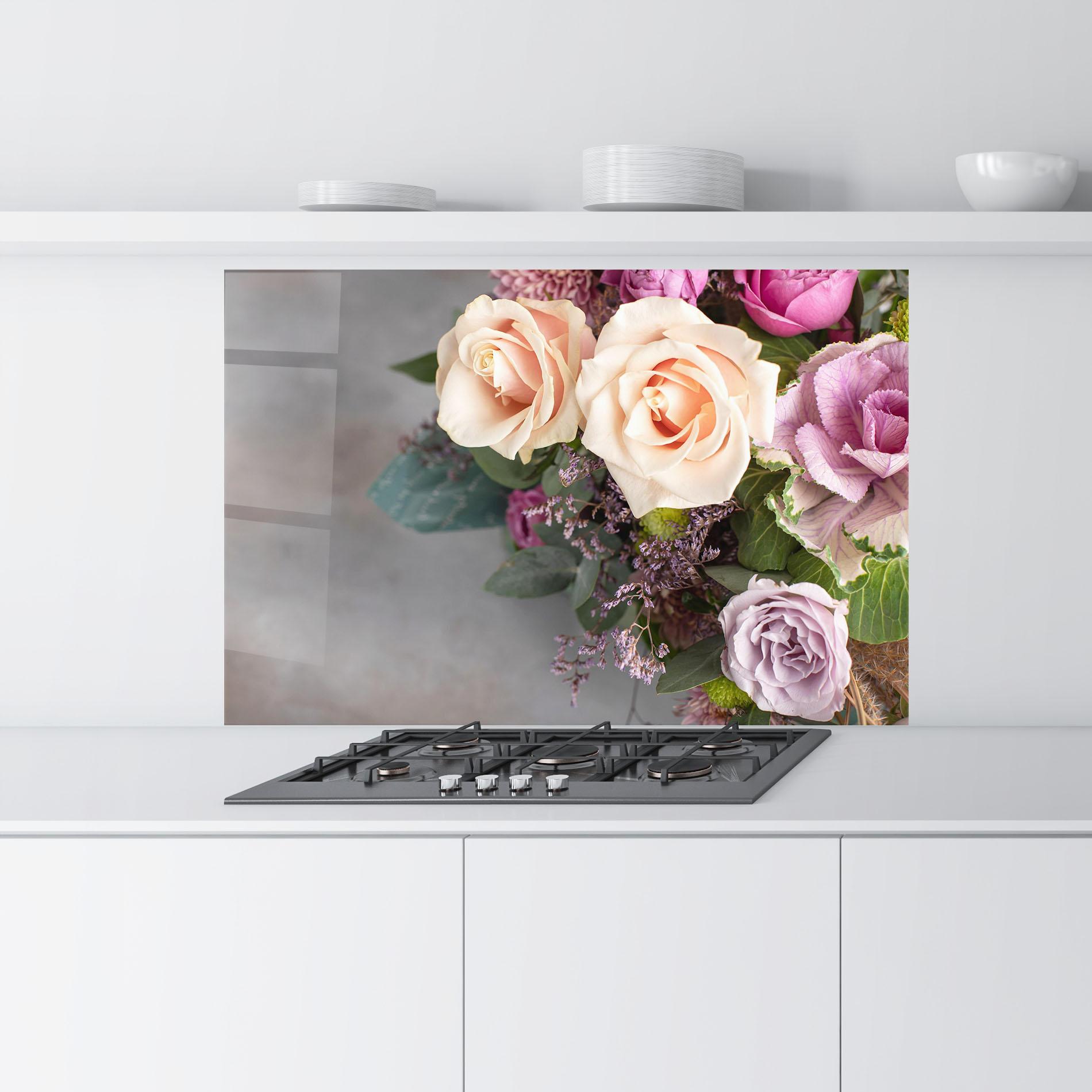 Panou Sticla Bucatarie Cream Purple Bouquet mockup 9