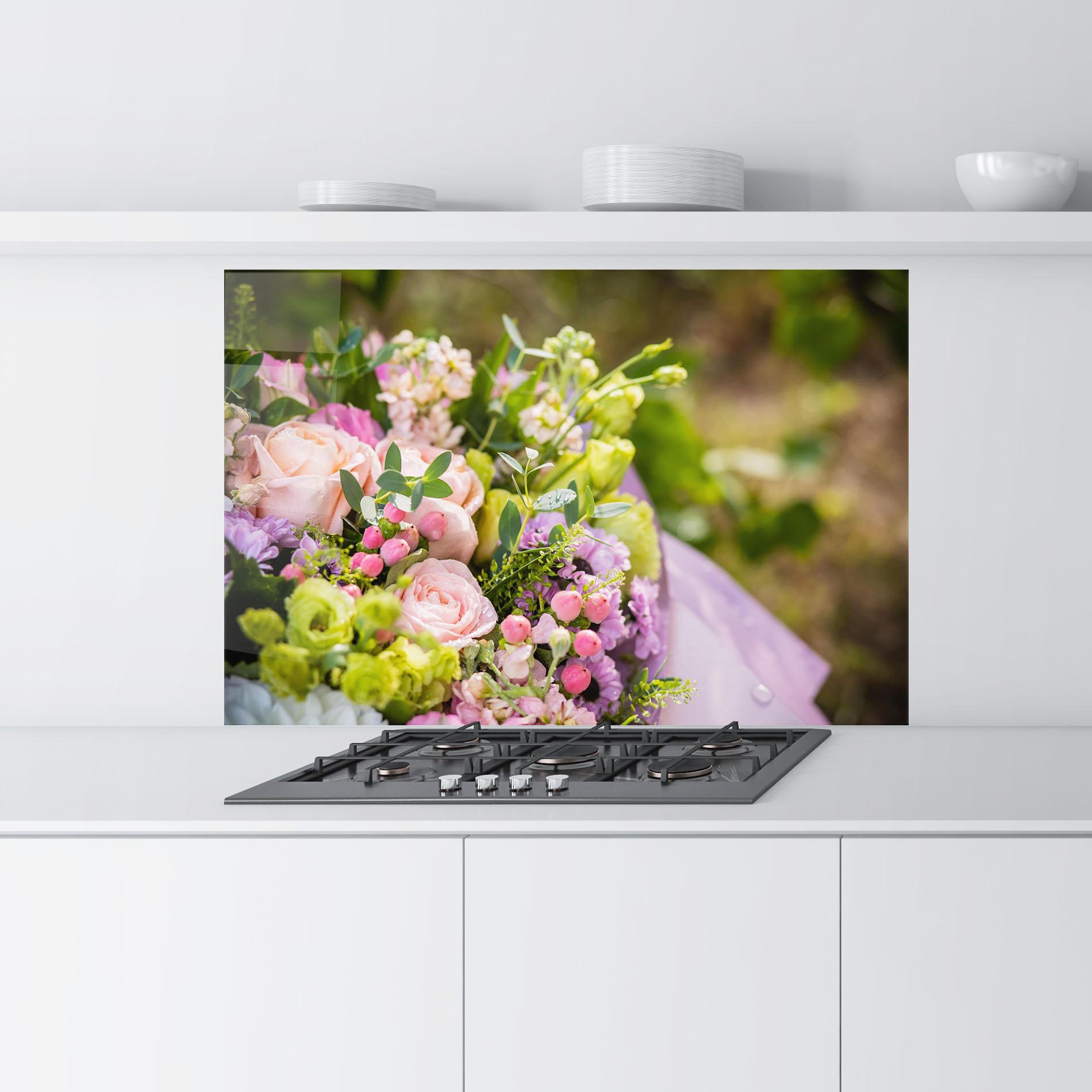 Panou Sticla Bucatarie Green Pink Bouquet mockup 9
