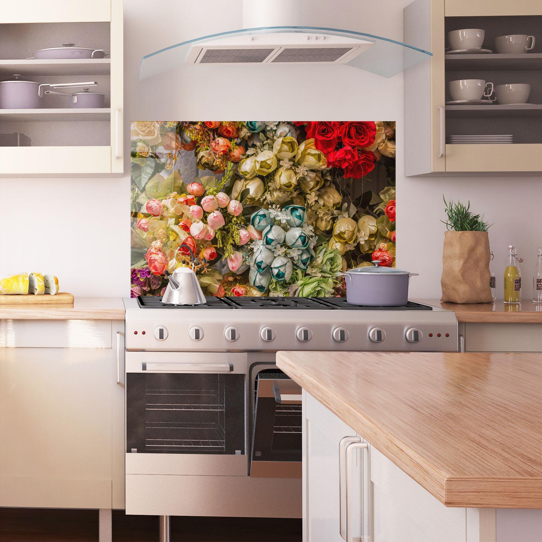 Panou Sticla Bucatarie Fake Flowers Wall mockup 1