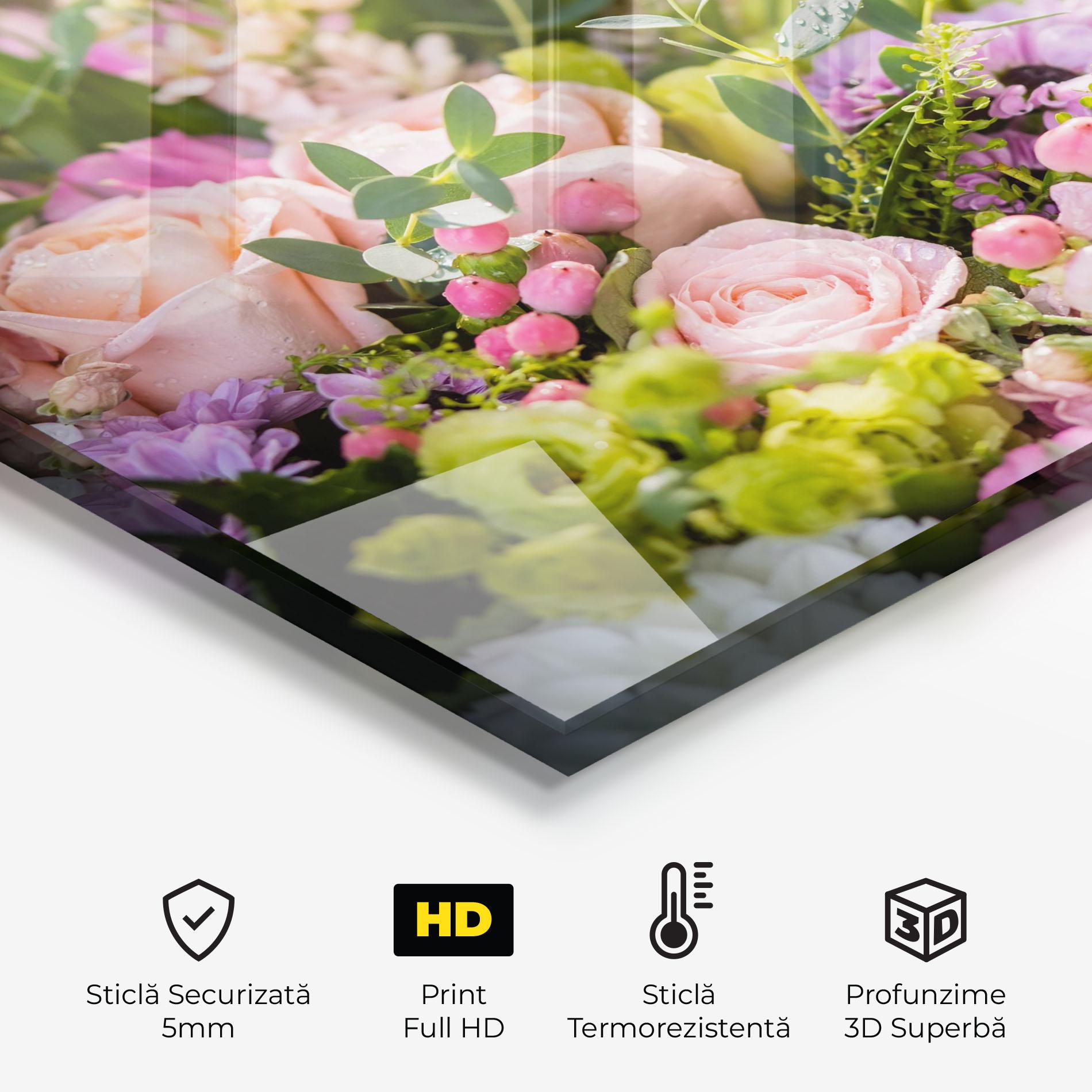 Panou Sticla Bucatarie Green Pink Bouquet mockup 2