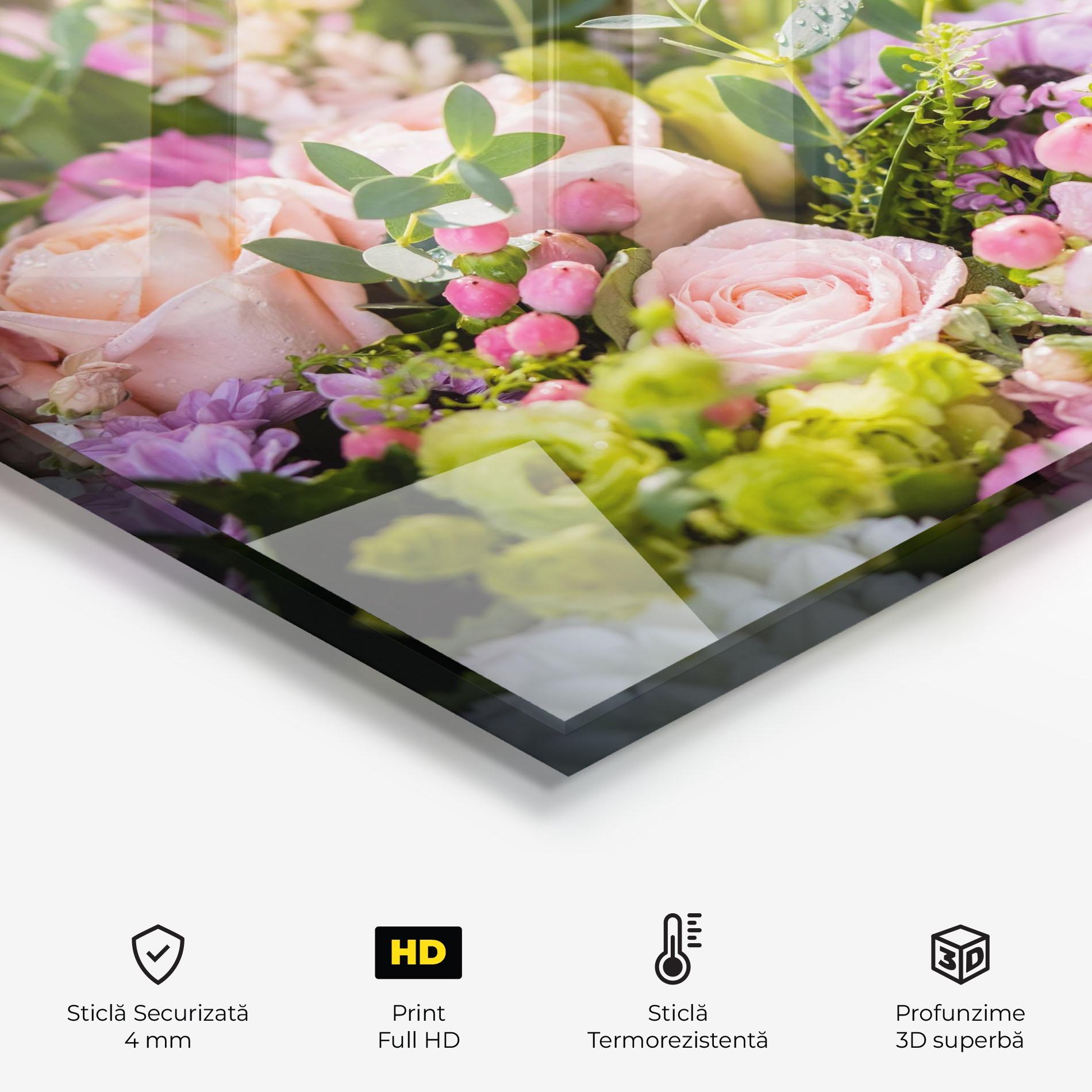 Panou Sticla Bucatarie Green Pink Bouquet mockup 2