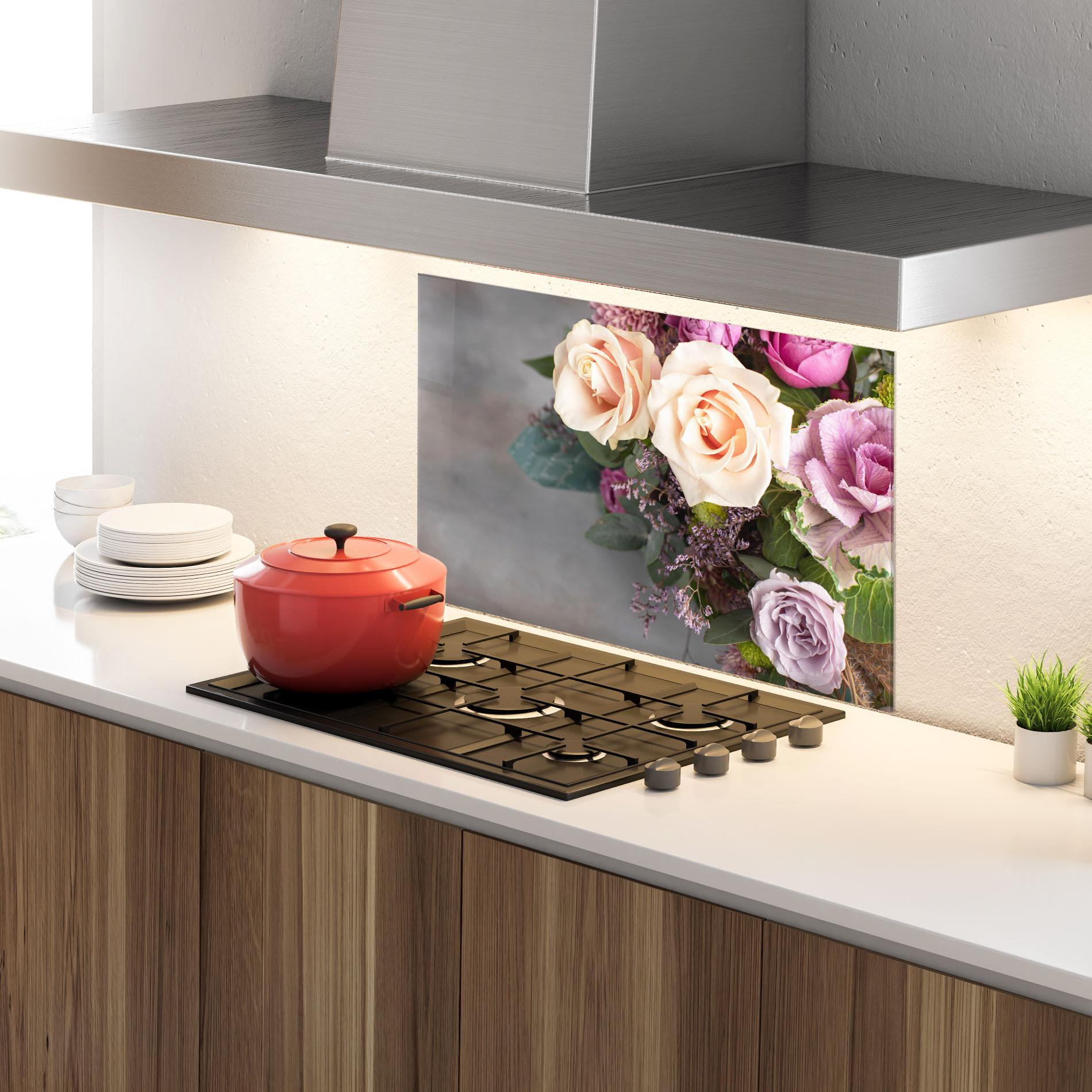 Panou Sticla Bucatarie Cream Purple Bouquet mockup 4