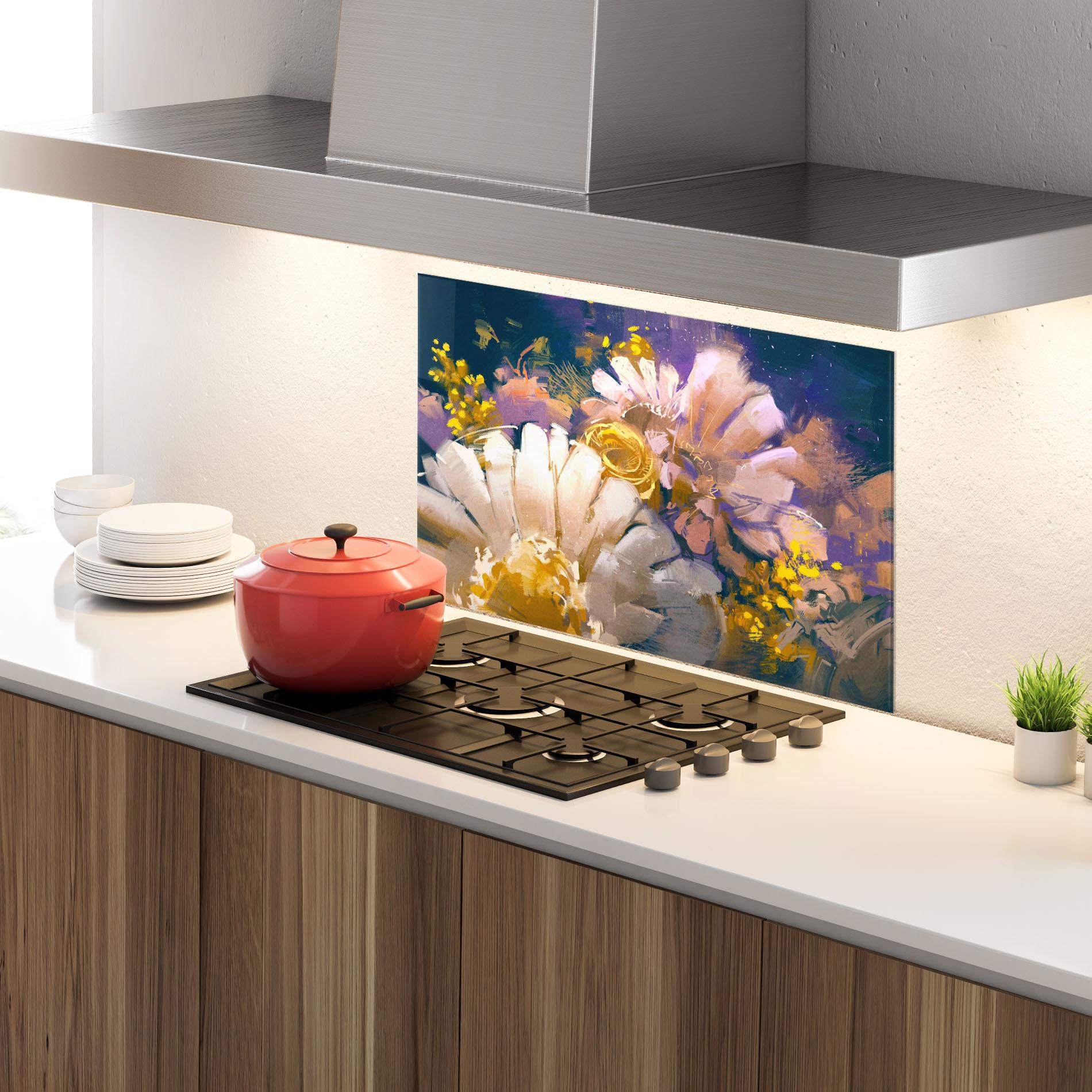 Panou Sticla Bucatarie Gold Purple Flowers mockup 4