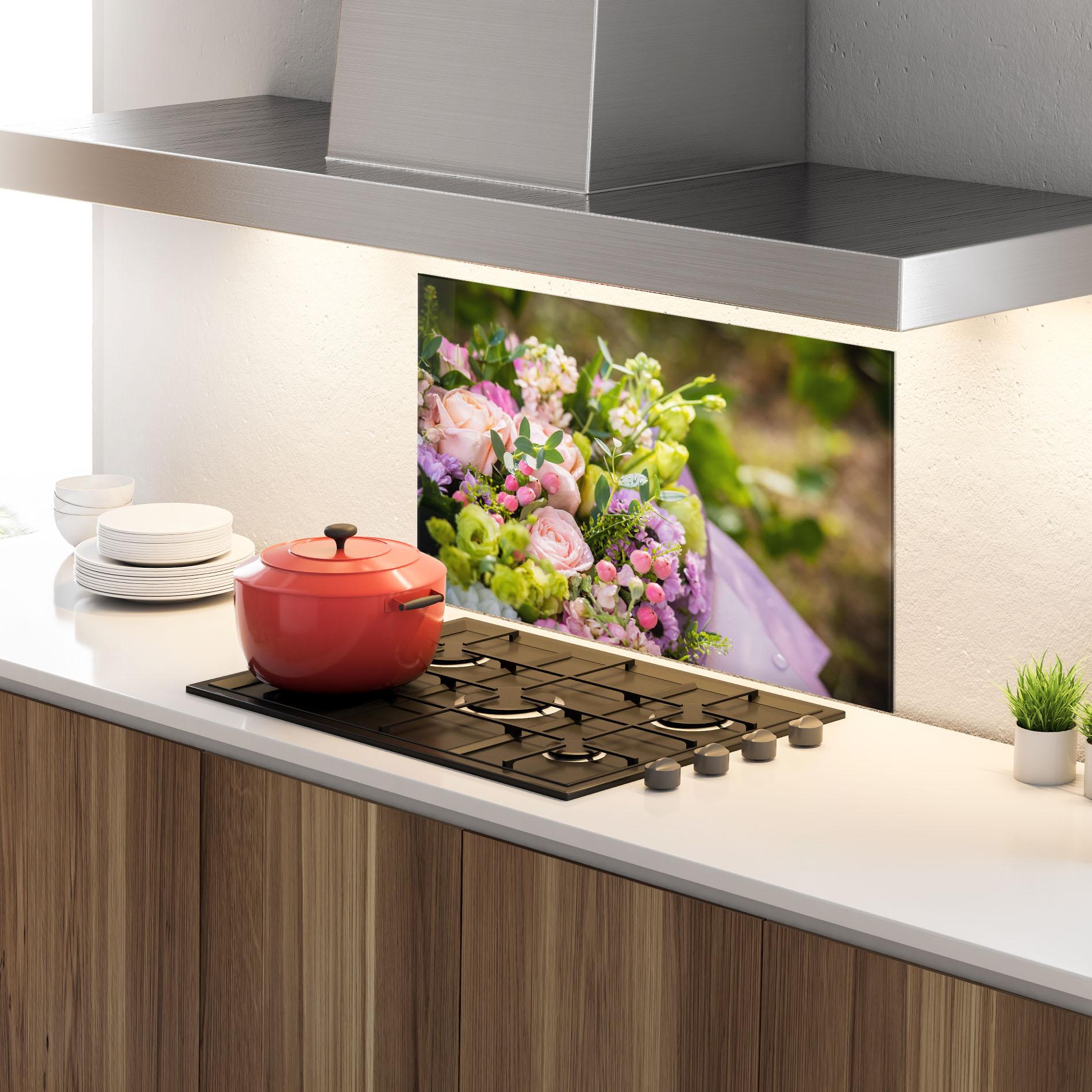 Panou Sticla Bucatarie Green Pink Bouquet mockup 4