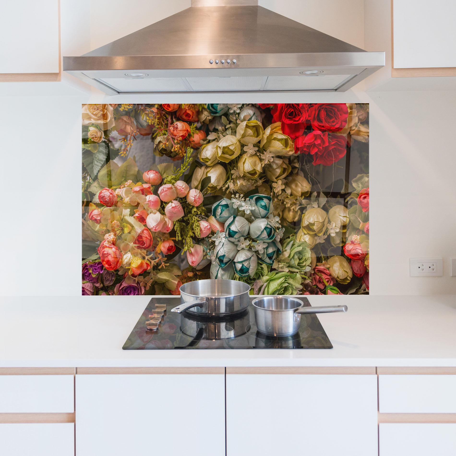 Panou Sticla Bucatarie Fake Flowers Wall mockup 5