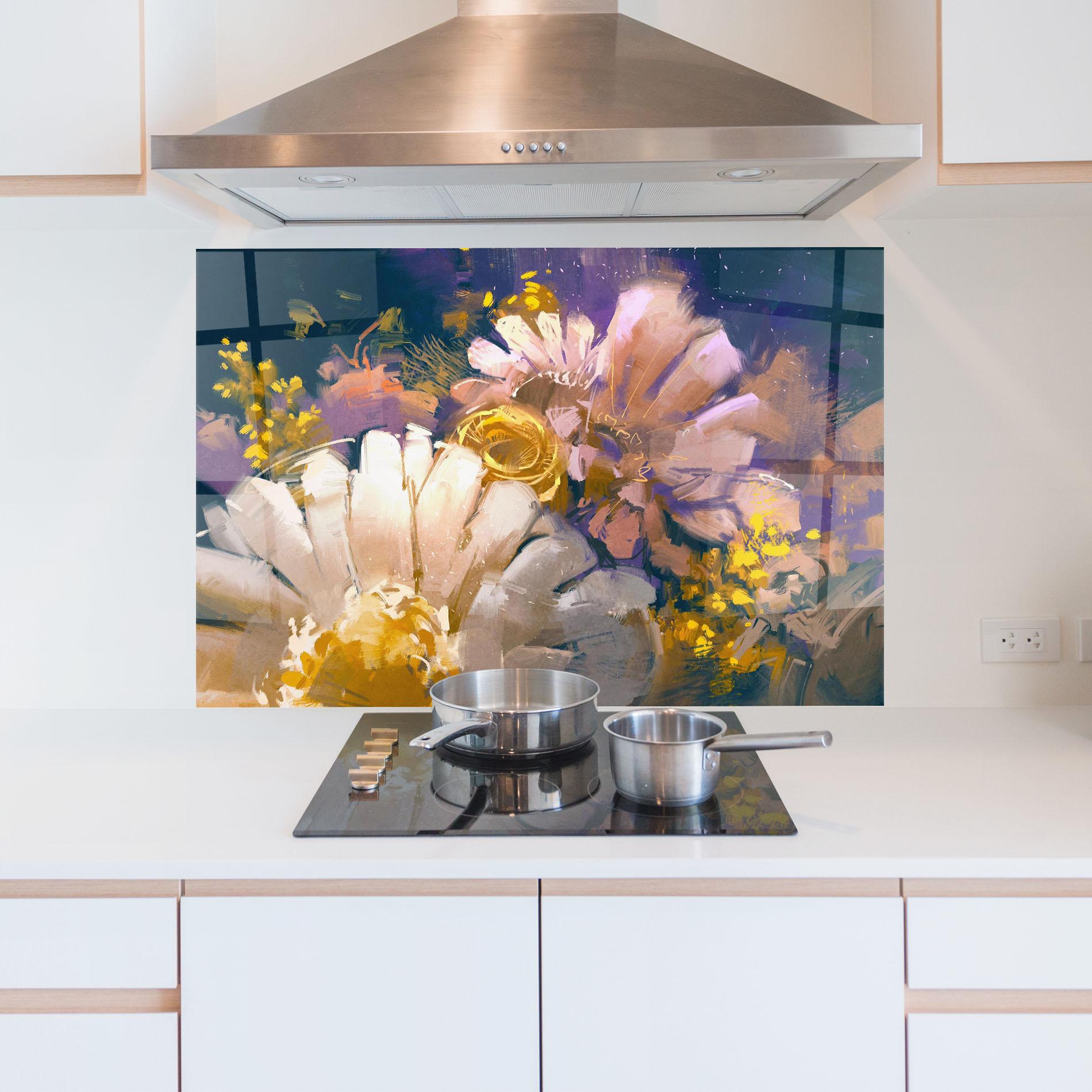 Panou Sticla Bucatarie Gold Purple Flowers mockup 5