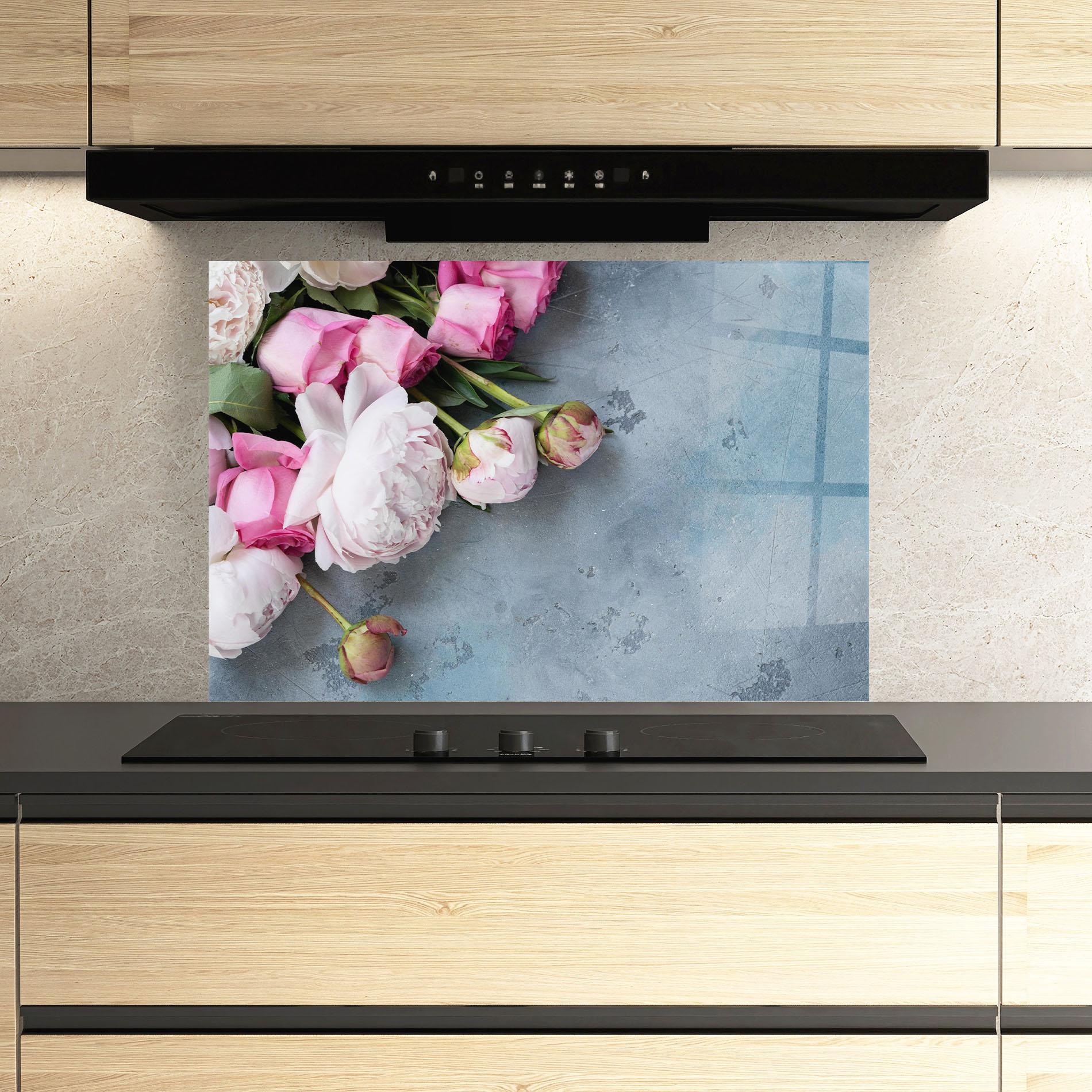 Panou Sticla Bucatarie Cute Pink Peonies mockup 3