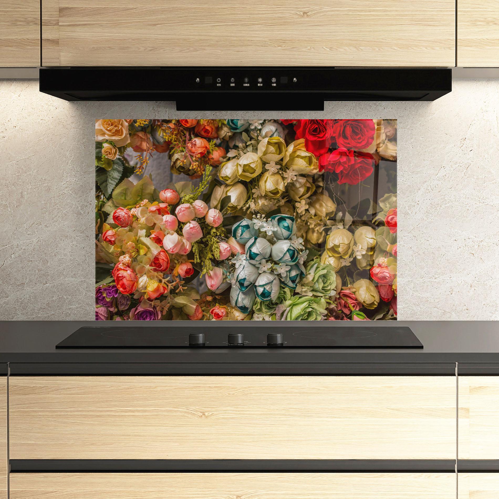 Panou Sticla Bucatarie Fake Flowers Wall mockup 3