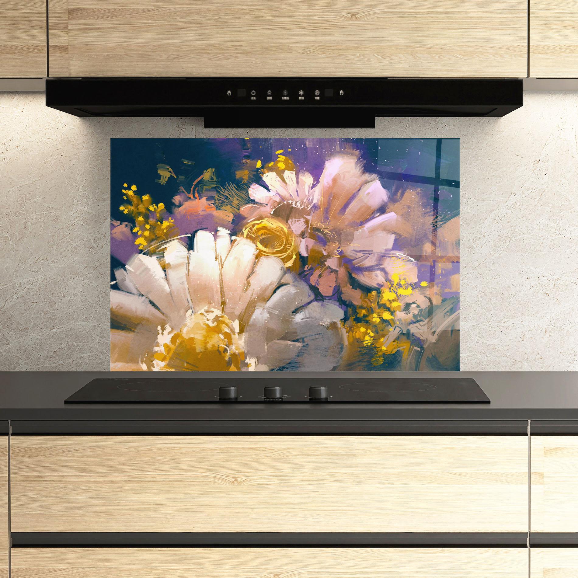 Panou Sticla Bucatarie Gold Purple Flowers mockup 3