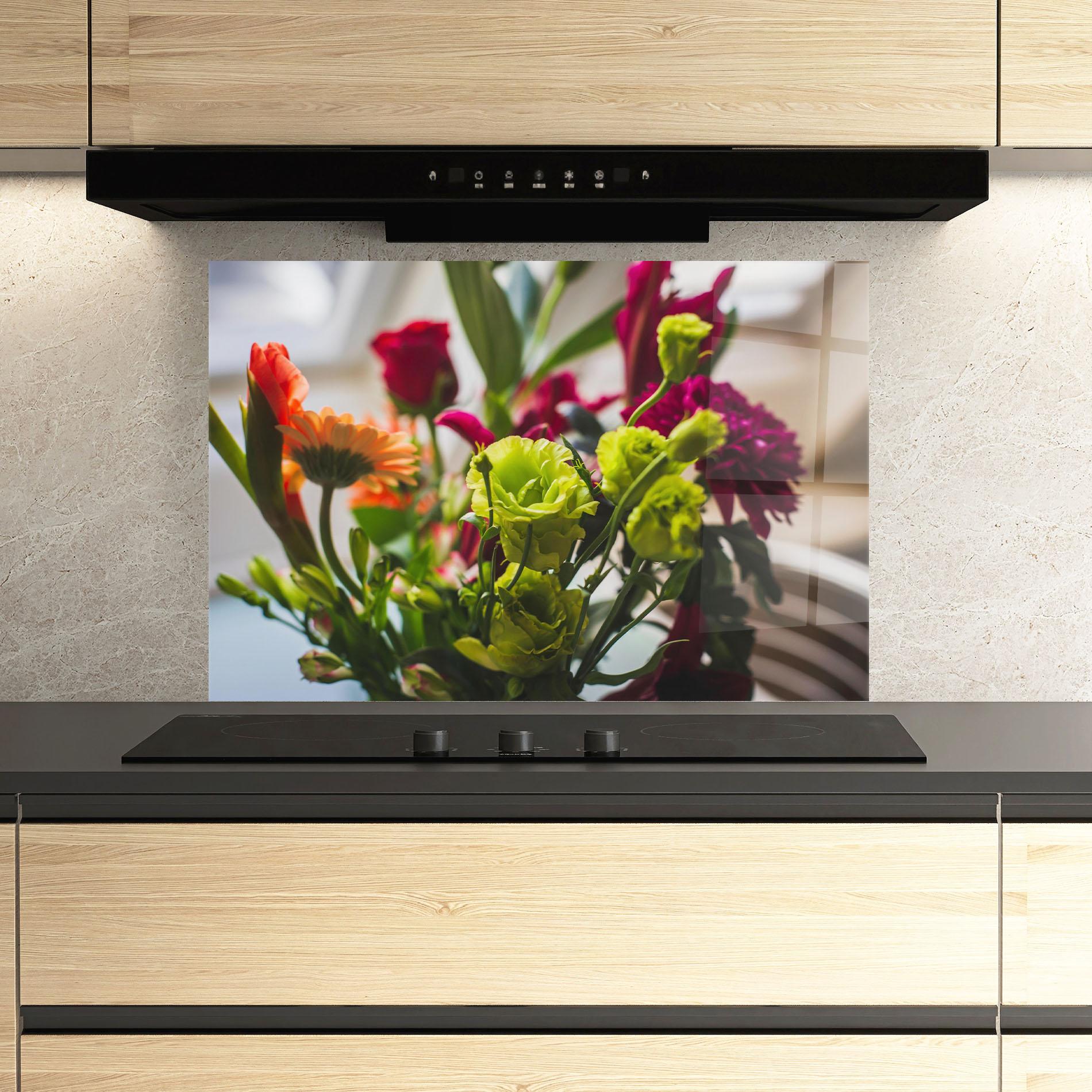 Panou Sticla Bucatarie Green Flowers Bouquet mockup 3