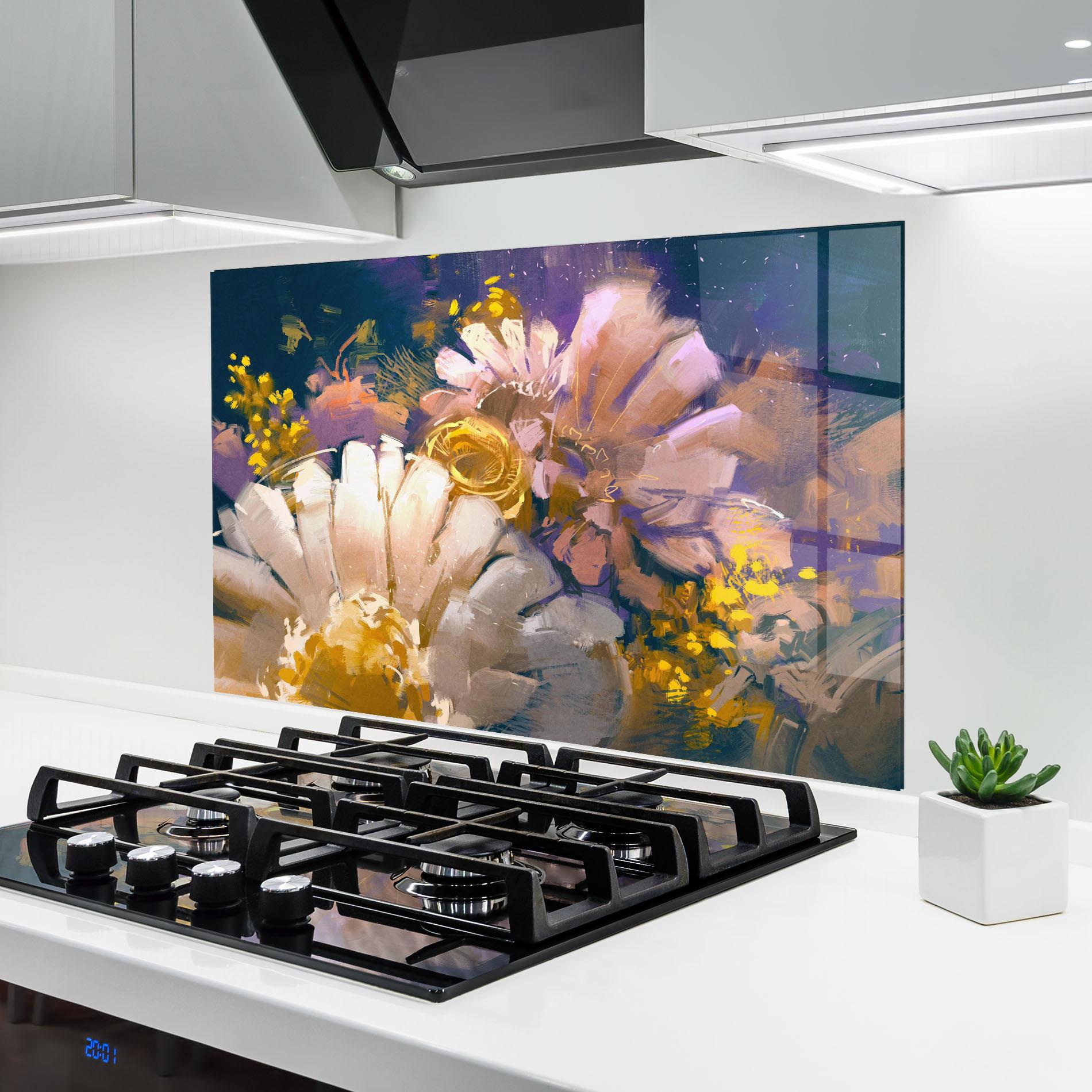 Panou Sticla Bucatarie Gold Purple Flowers mockup 6