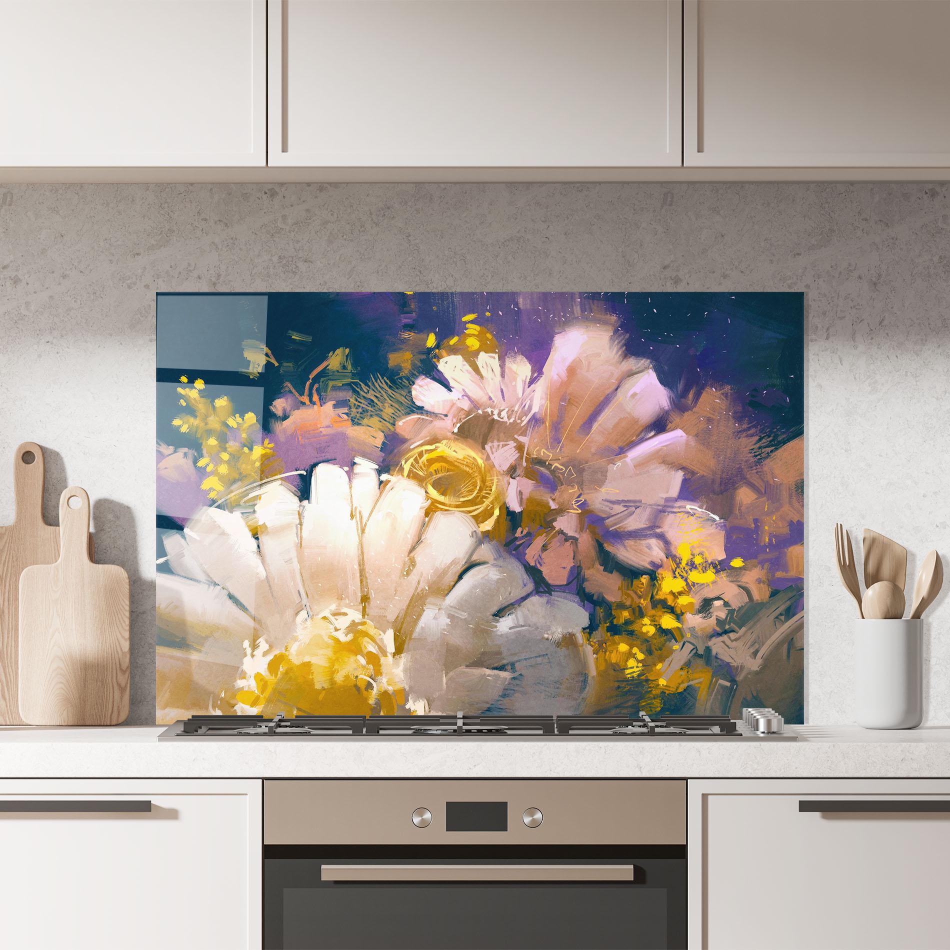 Panou Sticla Bucatarie Gold Purple Flowers mockup 7