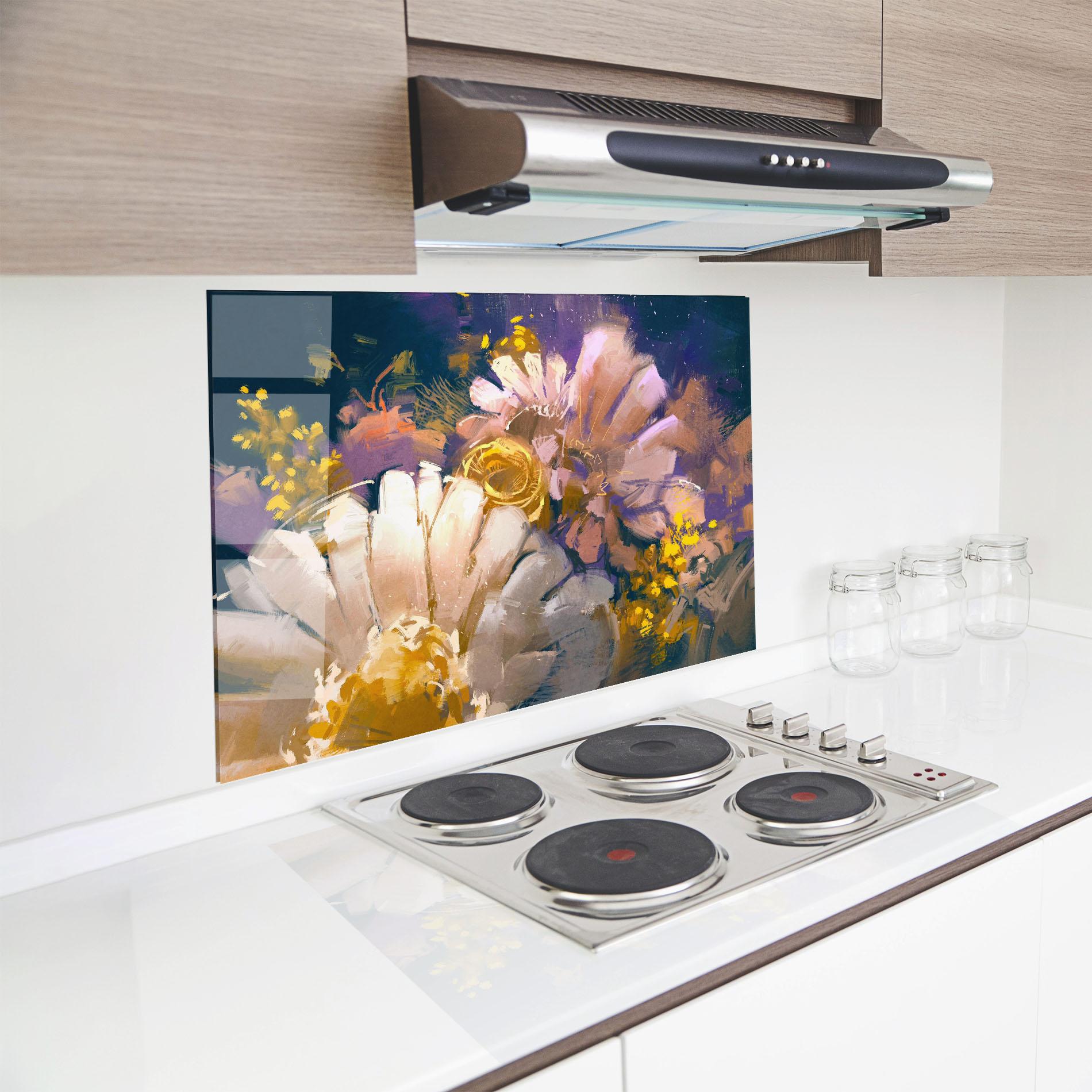 Panou Sticla Bucatarie Gold Purple Flowers mockup 8