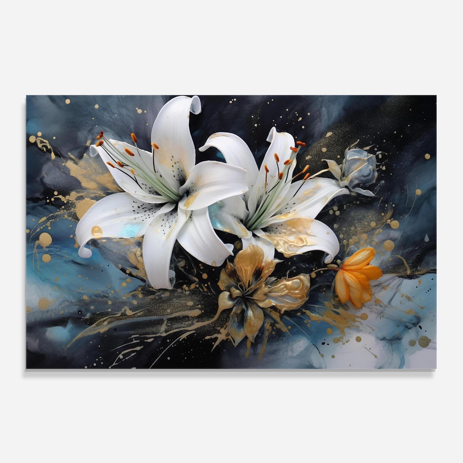 Panou Sticla Bucatarie Lily On Blue Painting mockup 0