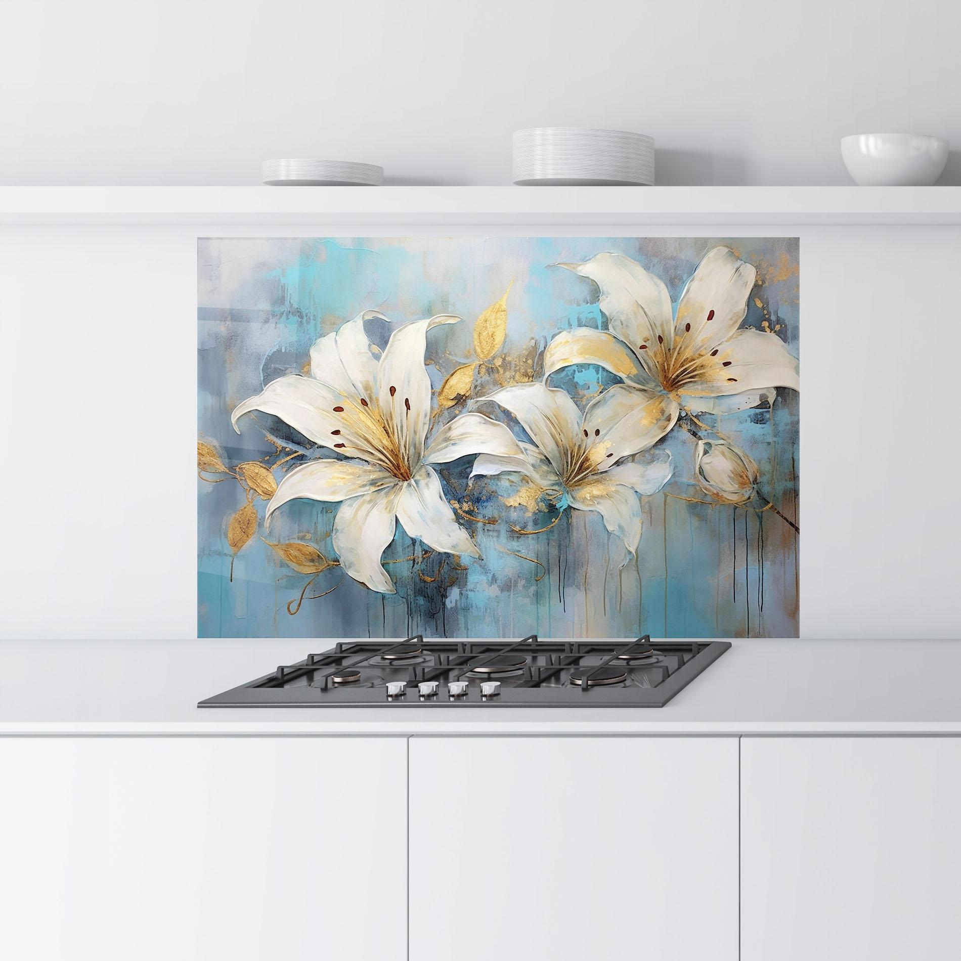 Panou Sticla Bucatarie Lily With Gold Painting mockup 9