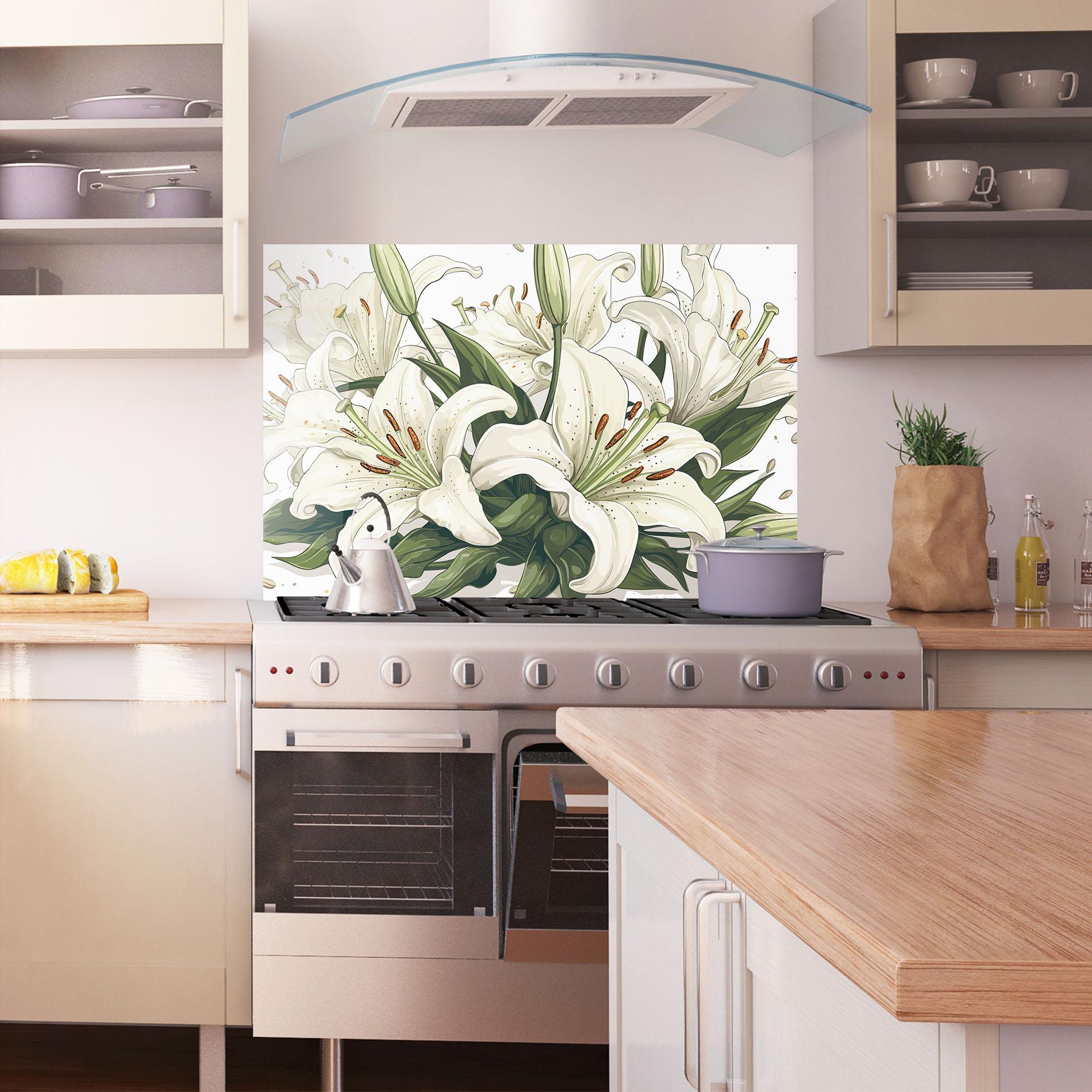 Panou Sticla Bucatarie Grey White Lily mockup 1