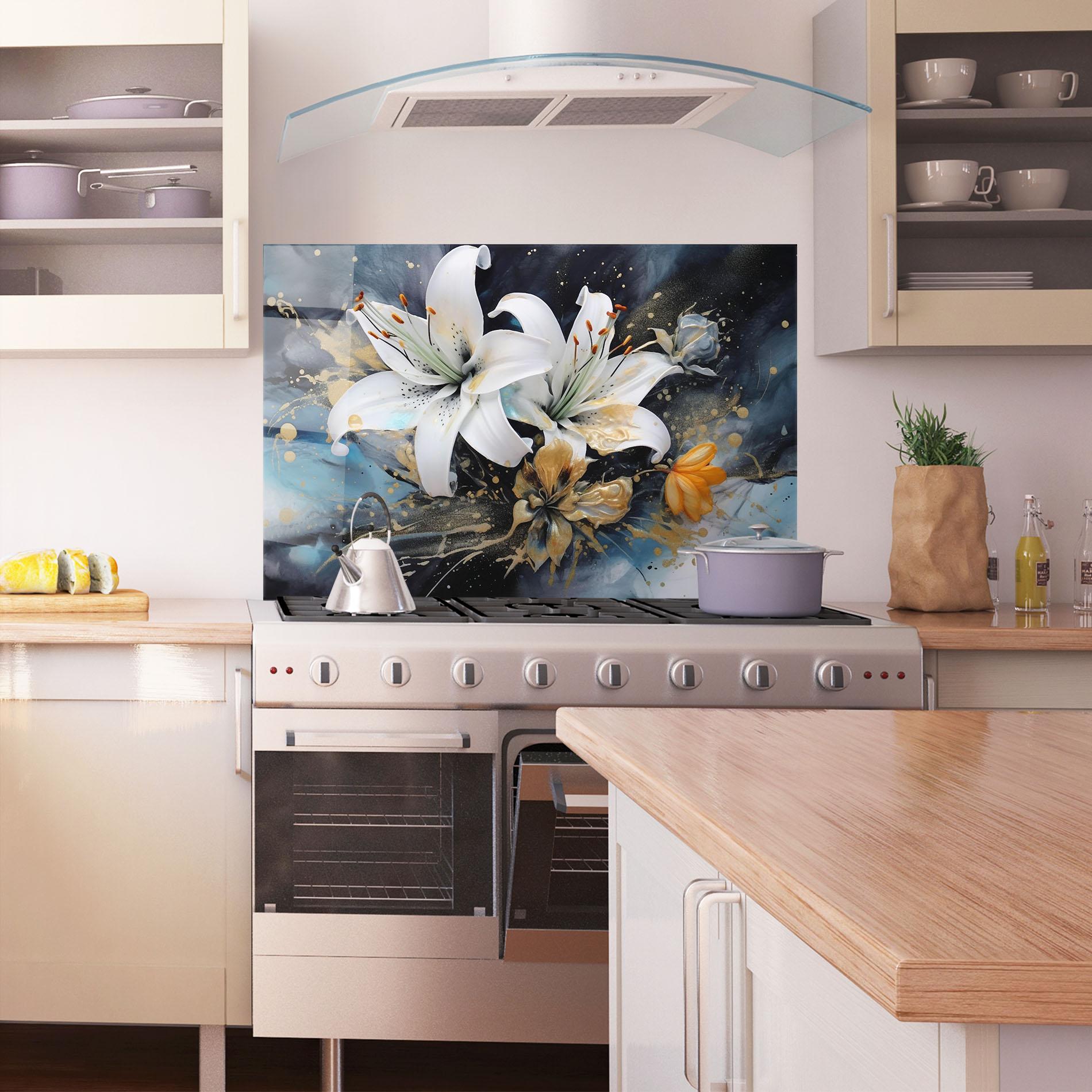 Panou Sticla Bucatarie Lily On Blue Painting mockup 1