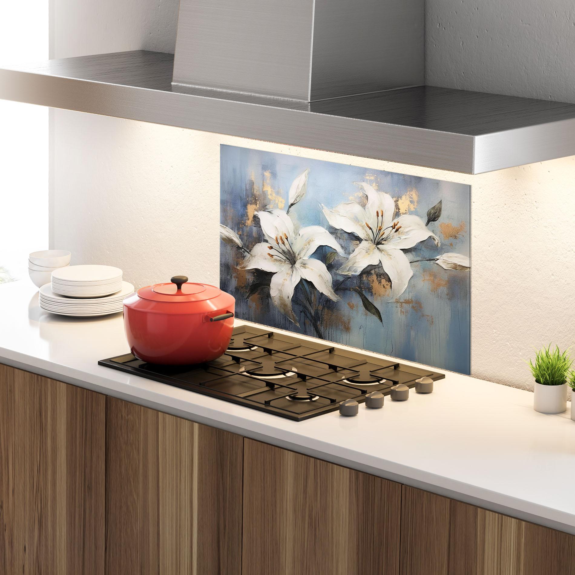 Panou Sticla Bucatarie Gold Lily Painting mockup 4