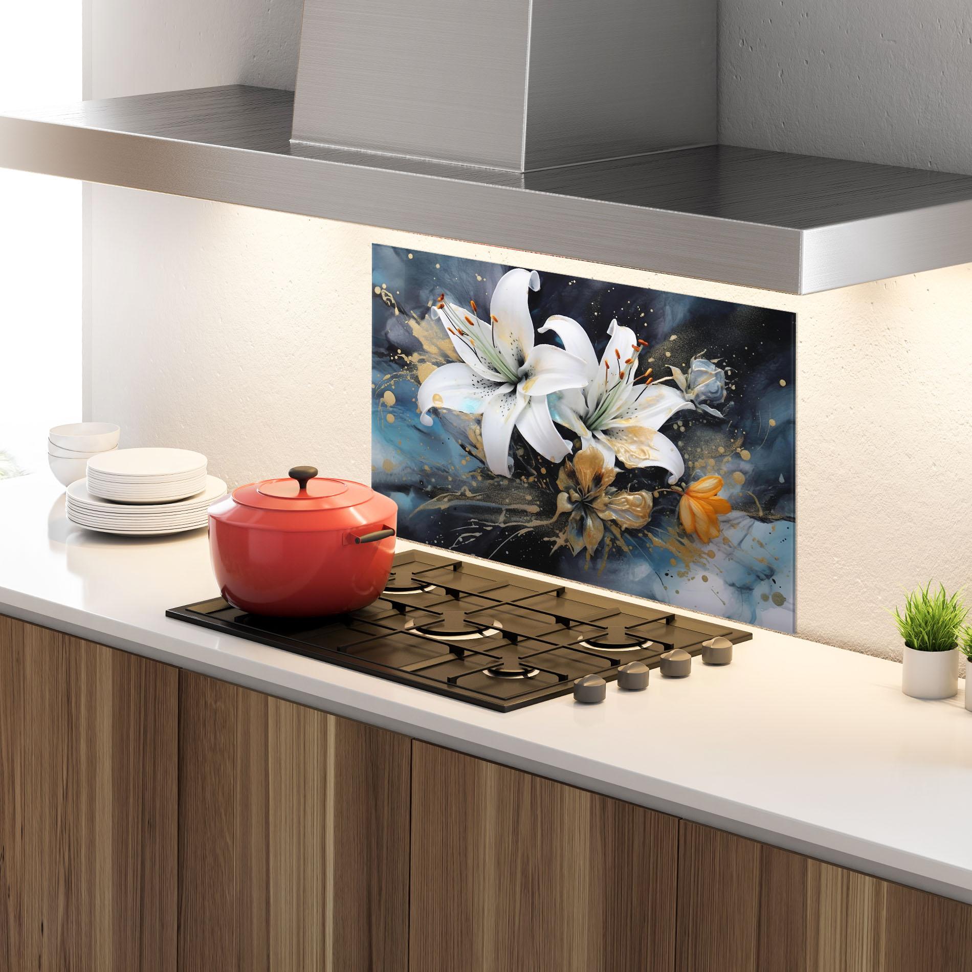 Panou Sticla Bucatarie Lily On Blue Painting mockup 4