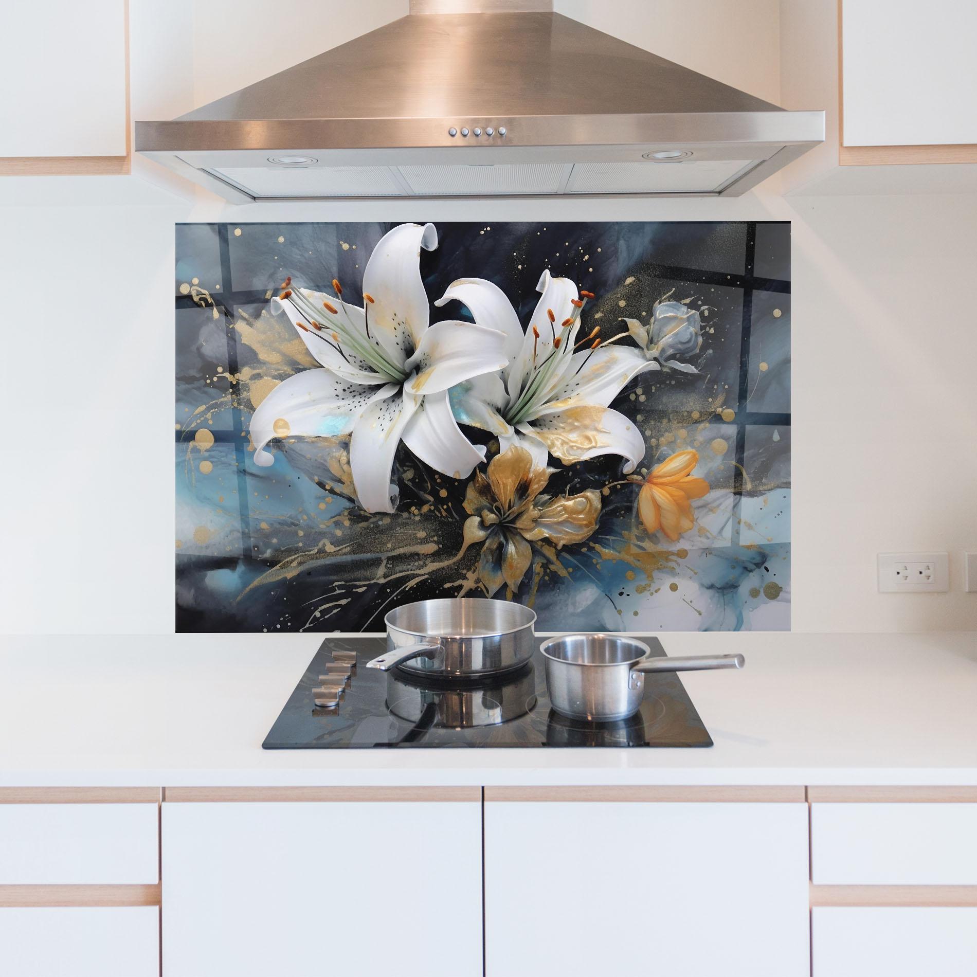 Panou Sticla Bucatarie Lily On Blue Painting mockup 5