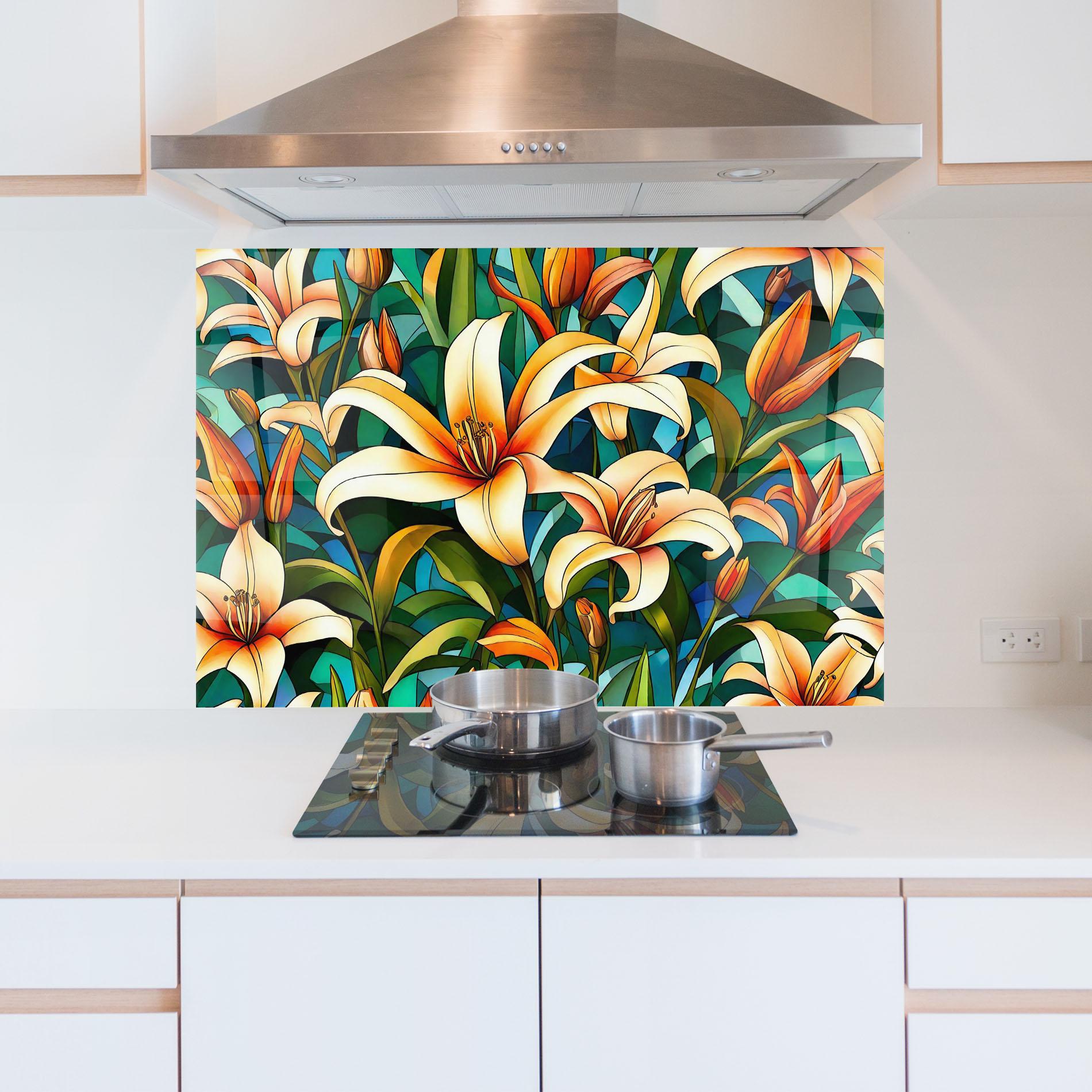 Panou Sticla Bucatarie Lily Pattern mockup 5