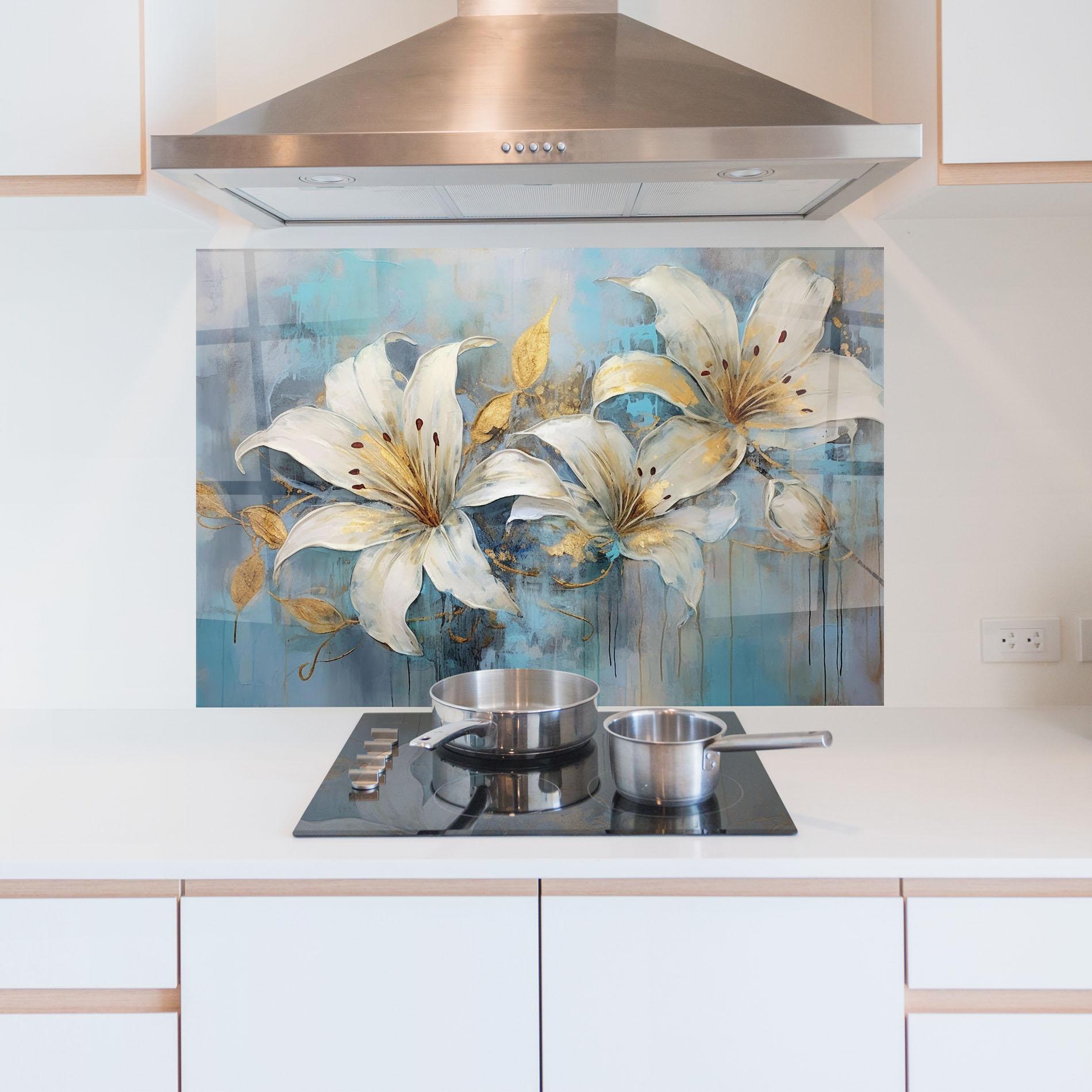 Panou Sticla Bucatarie Lily With Gold Painting mockup 5