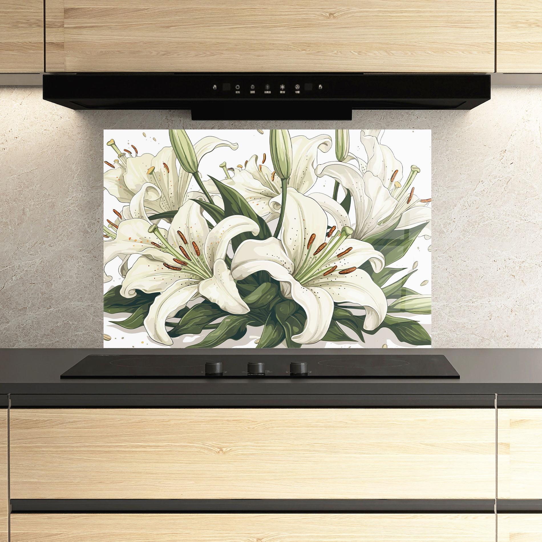 Panou Sticla Bucatarie Grey White Lily mockup 3
