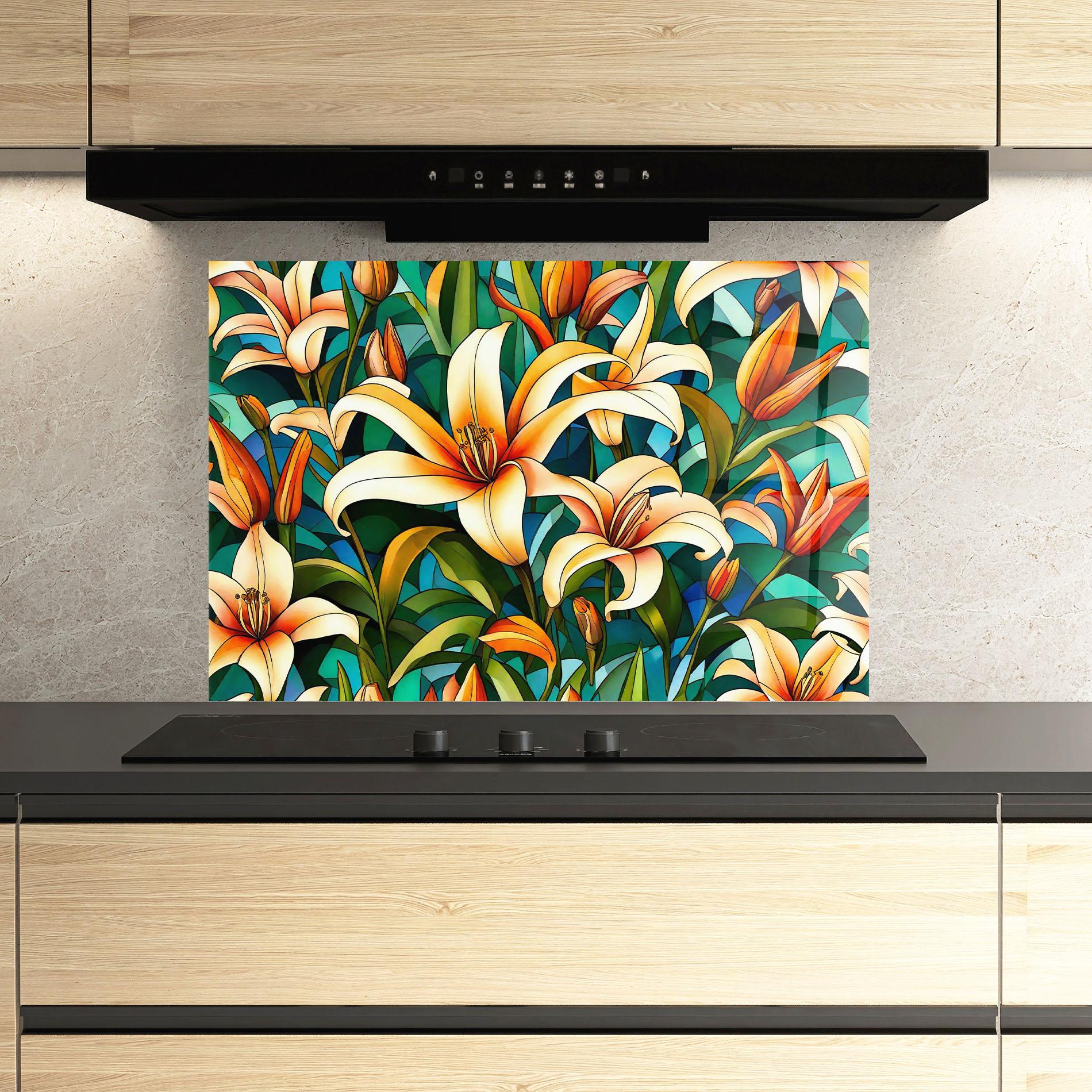 Panou Sticla Bucatarie Lily Pattern mockup 3