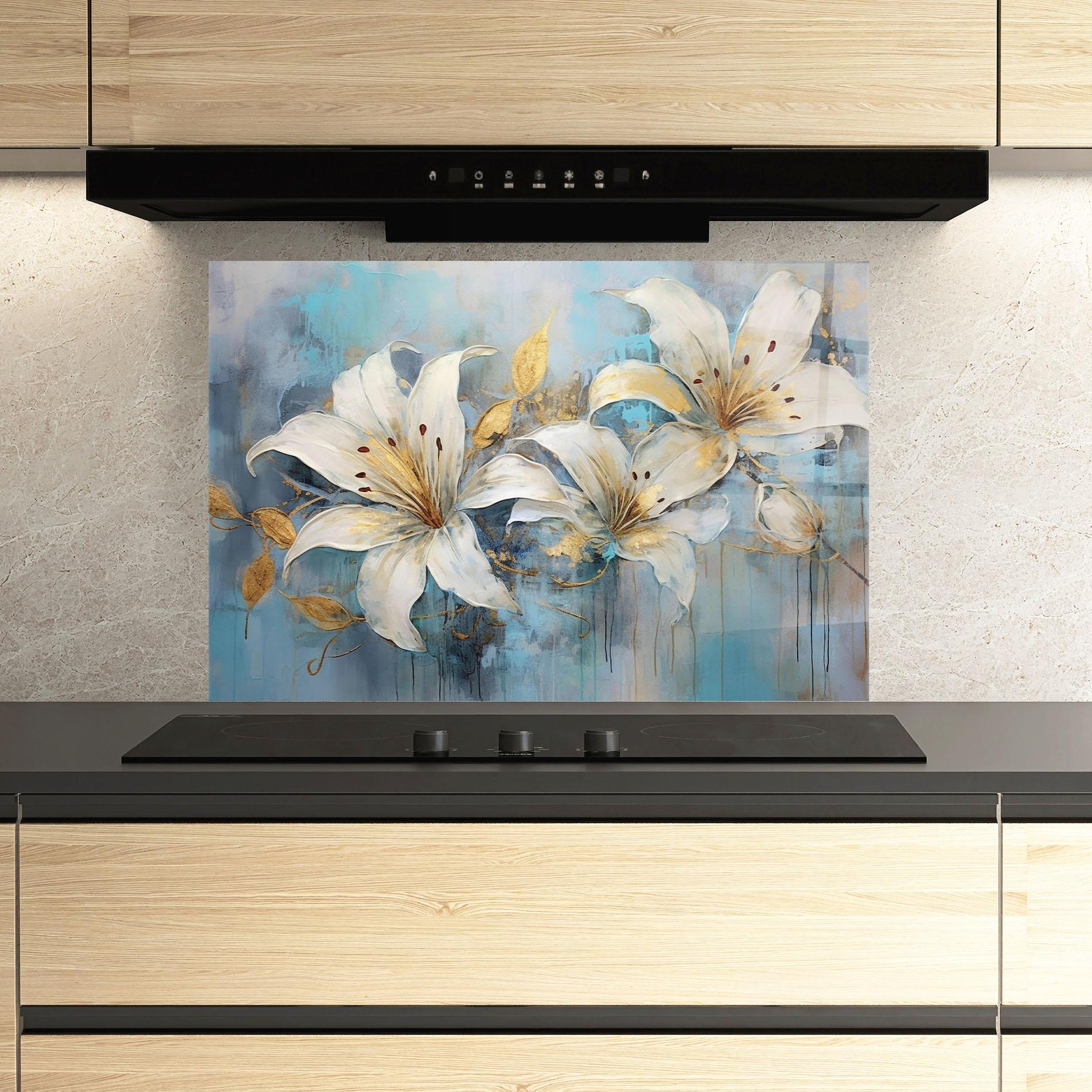 Panou Sticla Bucatarie Lily With Gold Painting mockup 3