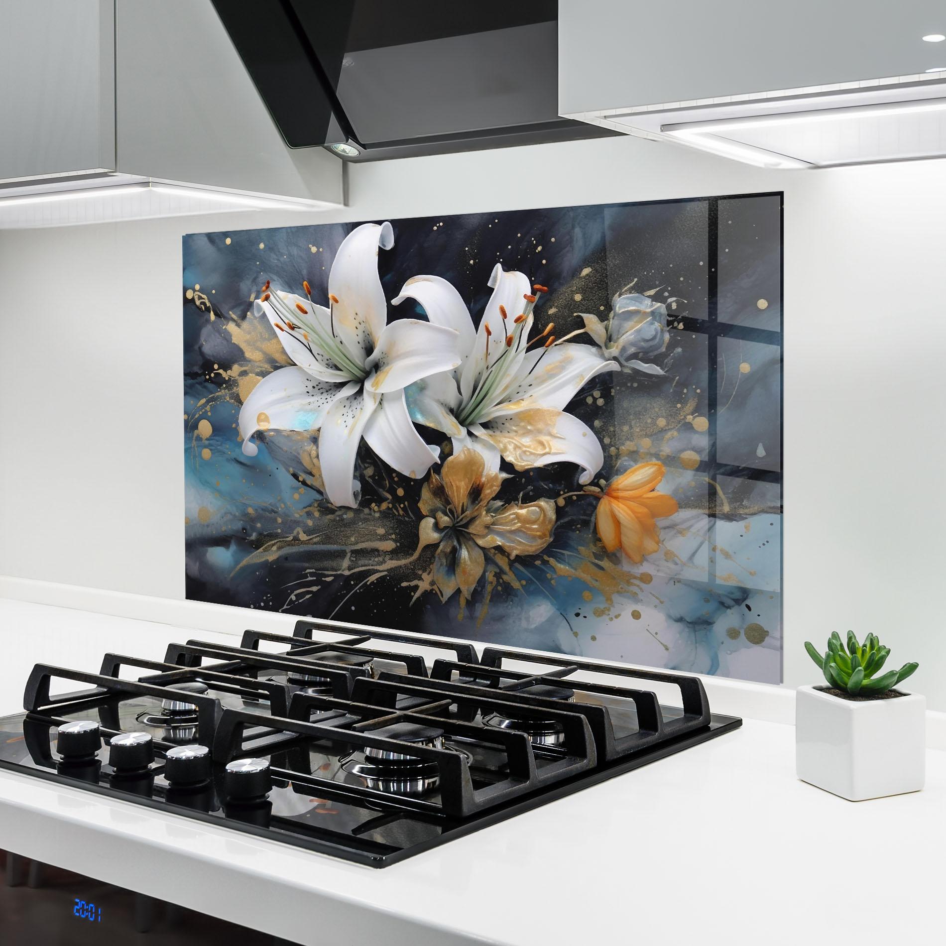 Panou Sticla Bucatarie Lily On Blue Painting mockup 6