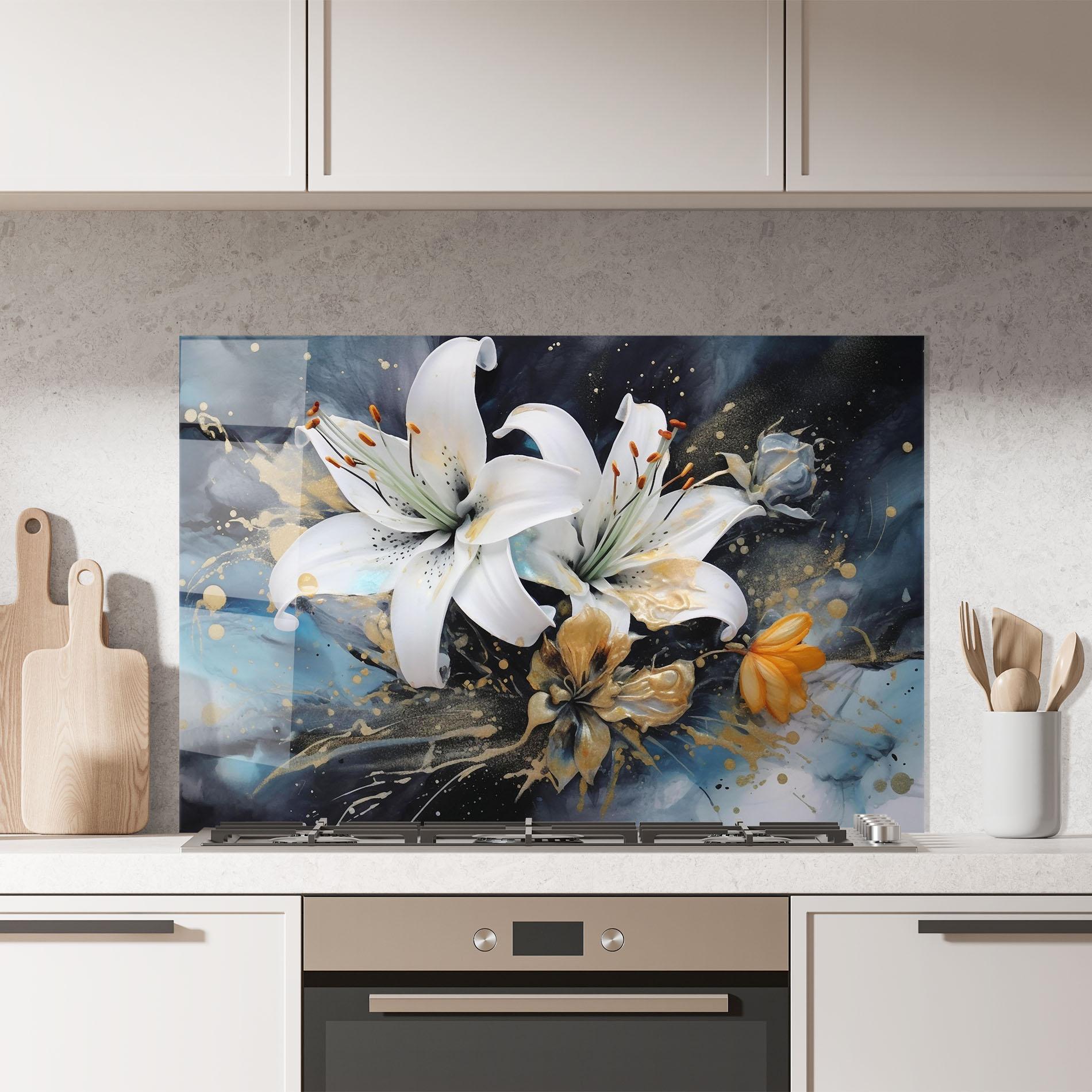 Panou Sticla Bucatarie Lily On Blue Painting mockup 7