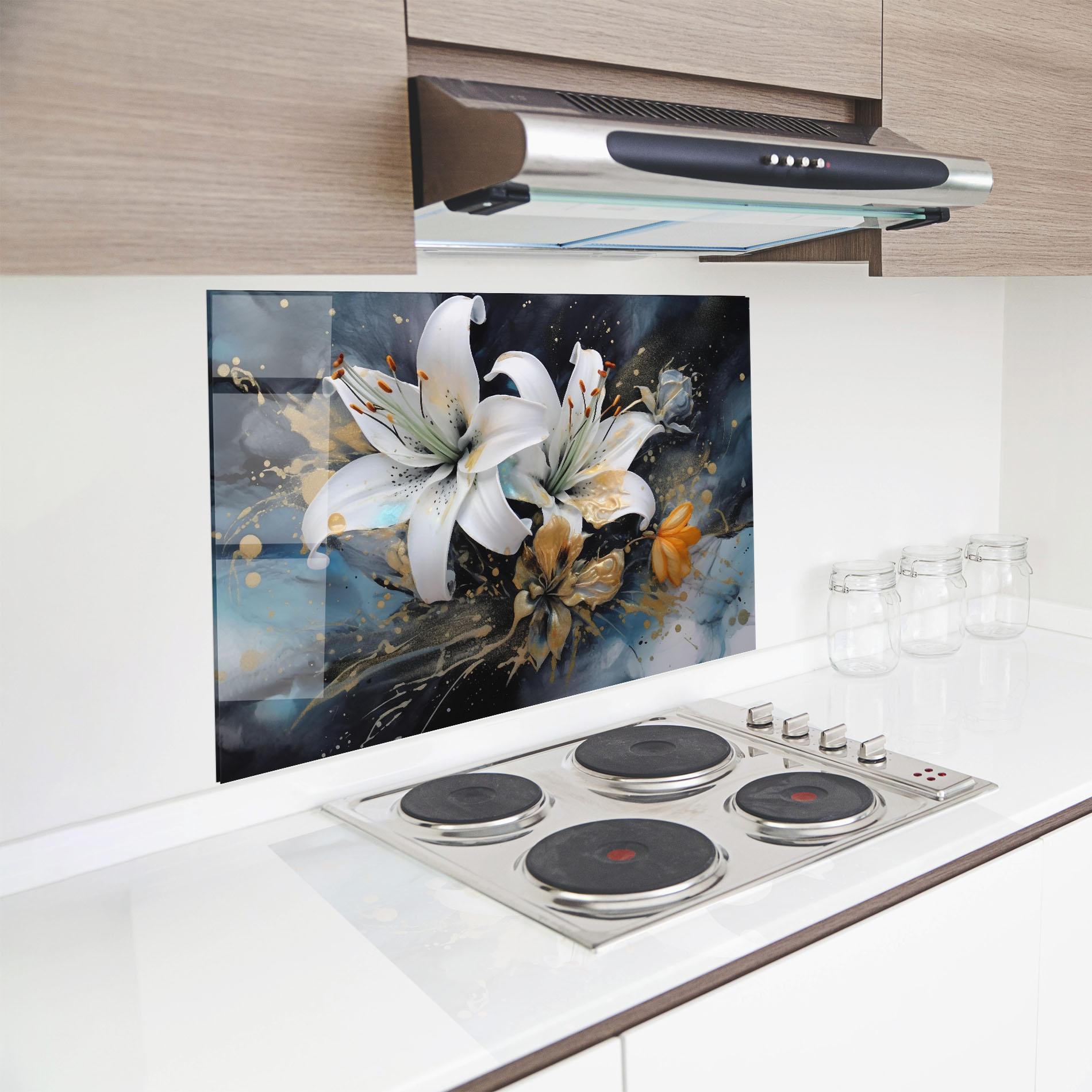 Panou Sticla Bucatarie Lily On Blue Painting mockup 8