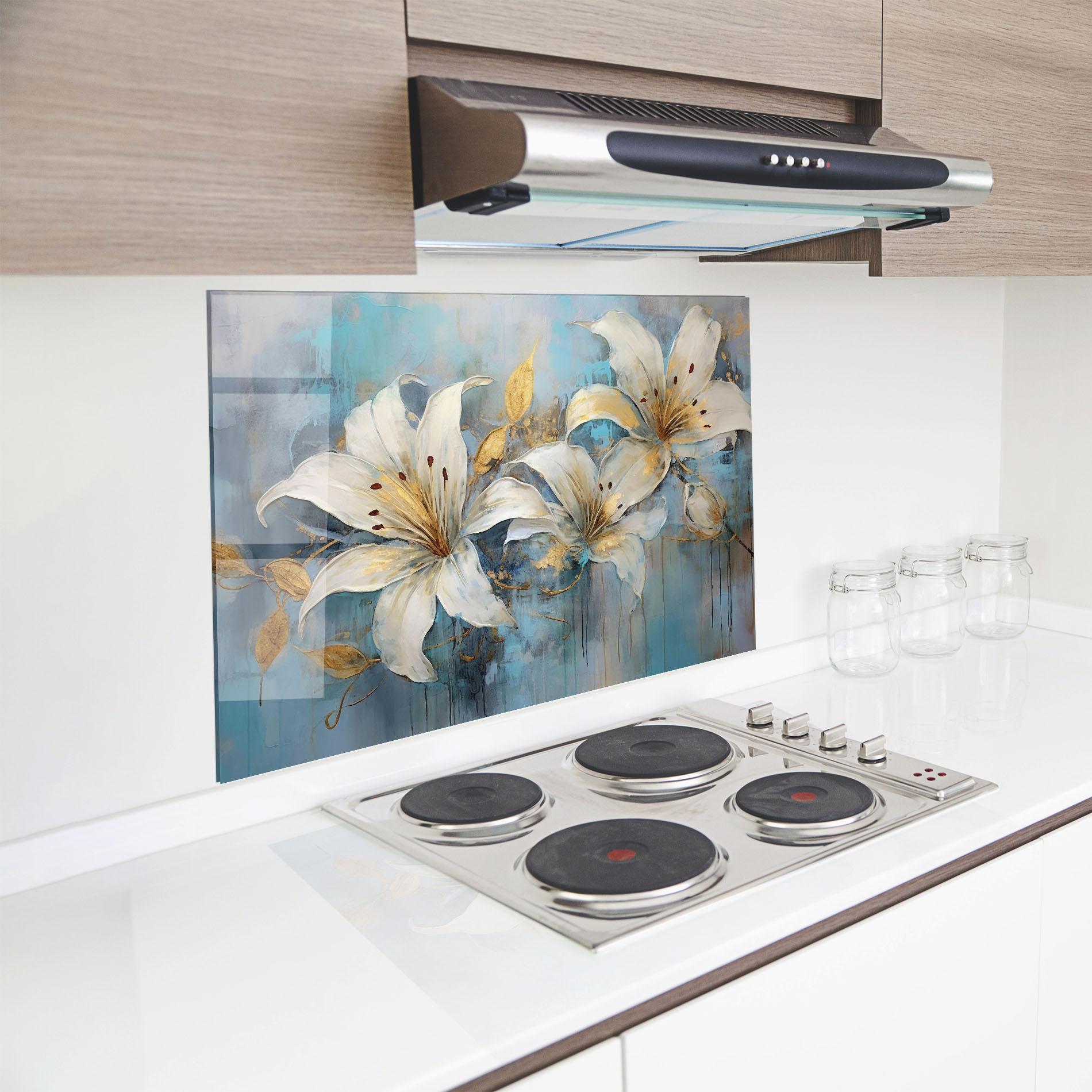 Panou Sticla Bucatarie Lily With Gold Painting mockup 8