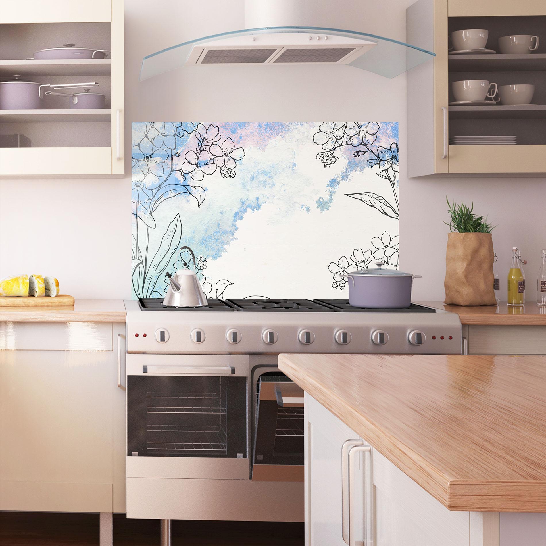 Panou Sticla Bucatarie Blue Watercolor Flower mockup 1