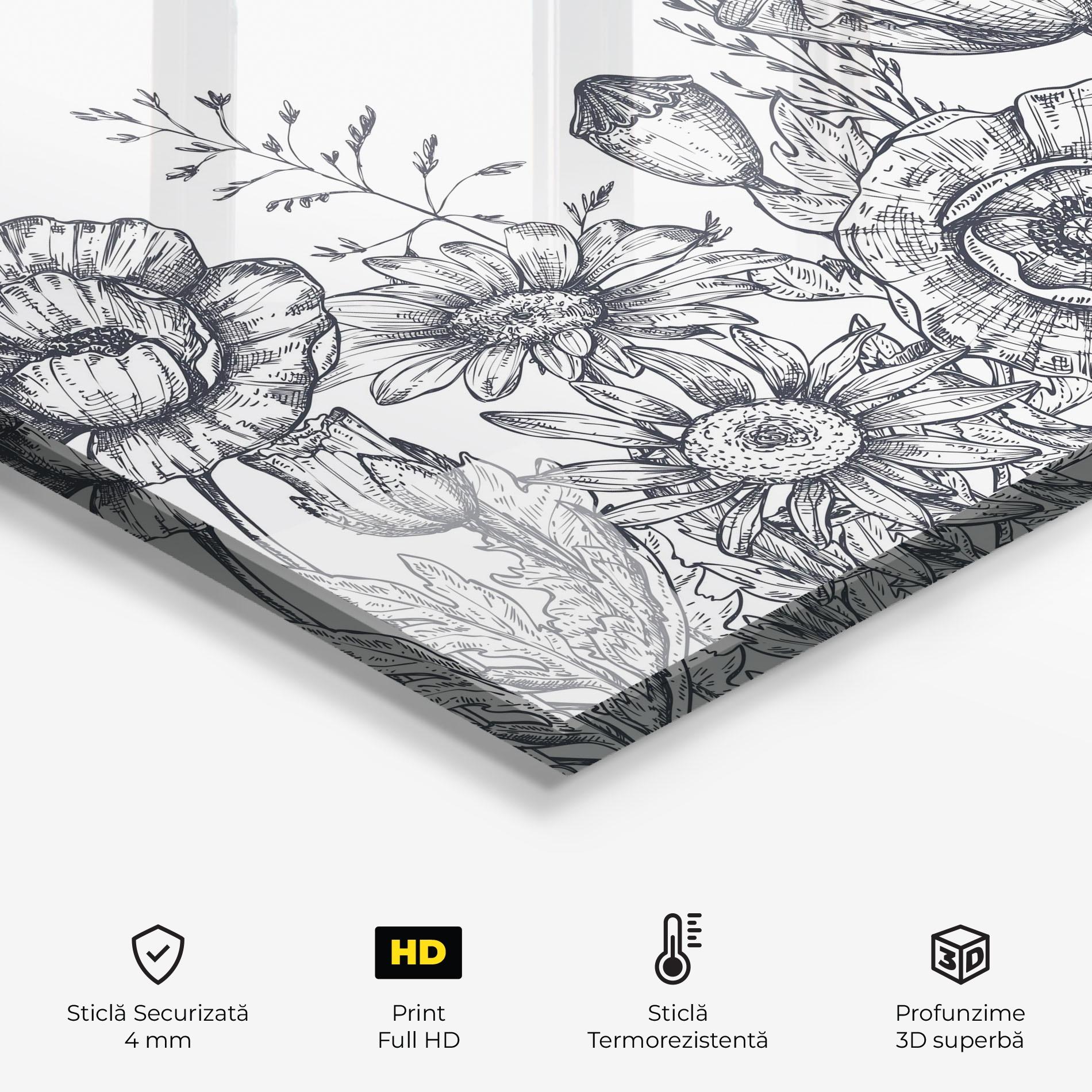 Panou Sticla Bucatarie Flower Grey Line mockup 2