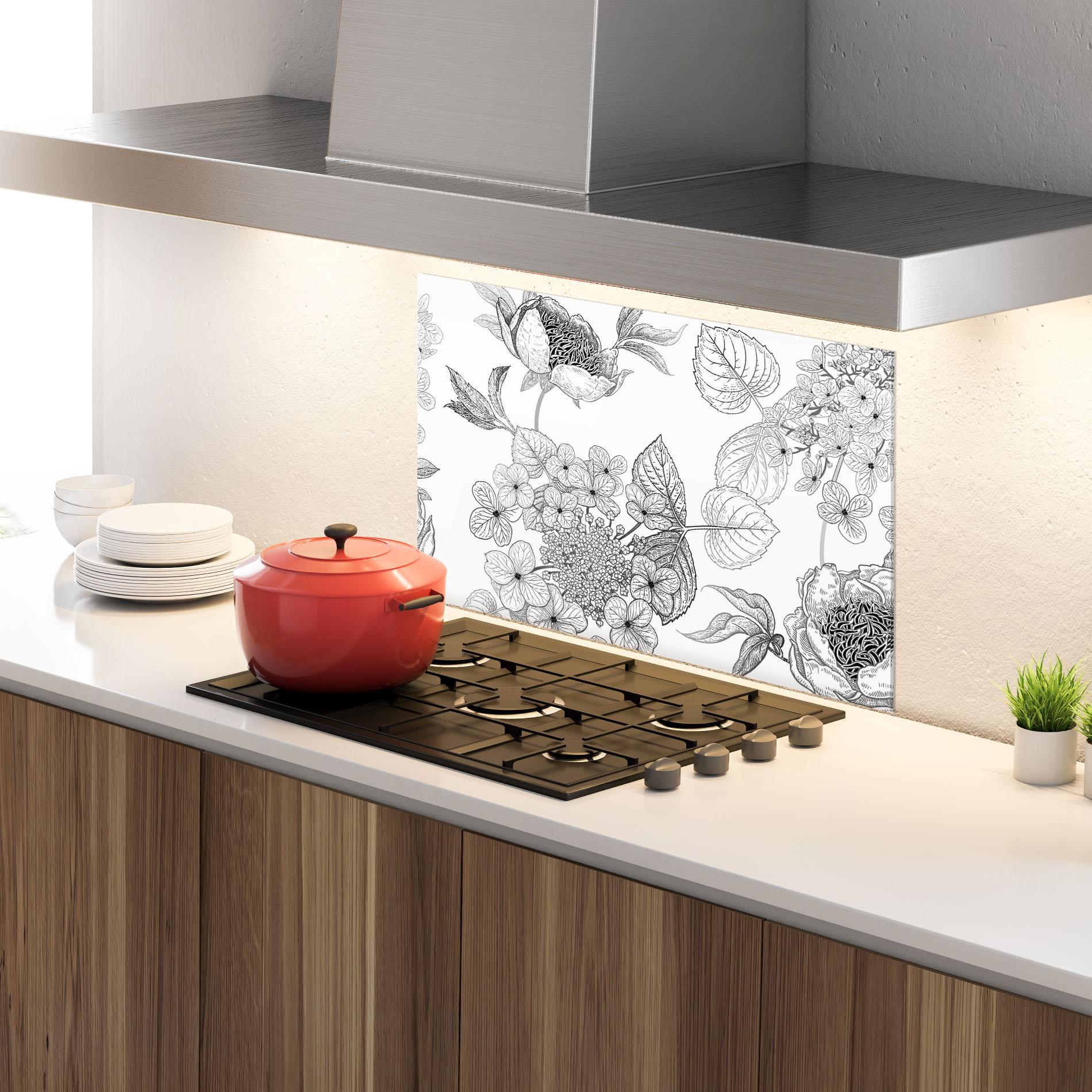 Panou Sticla Bucatarie Black Line Flower mockup 4