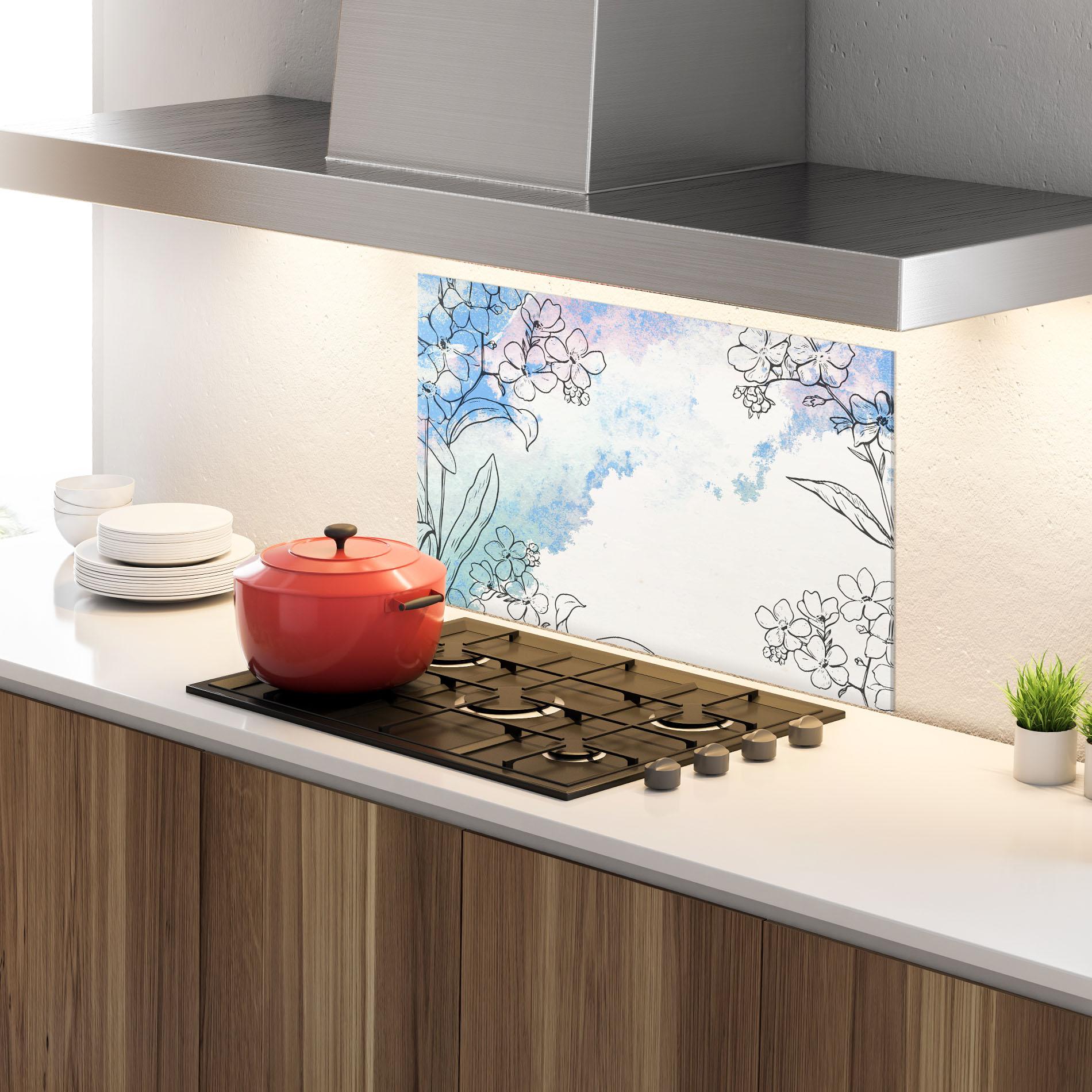 Panou Sticla Bucatarie Blue Watercolor Flower mockup 4