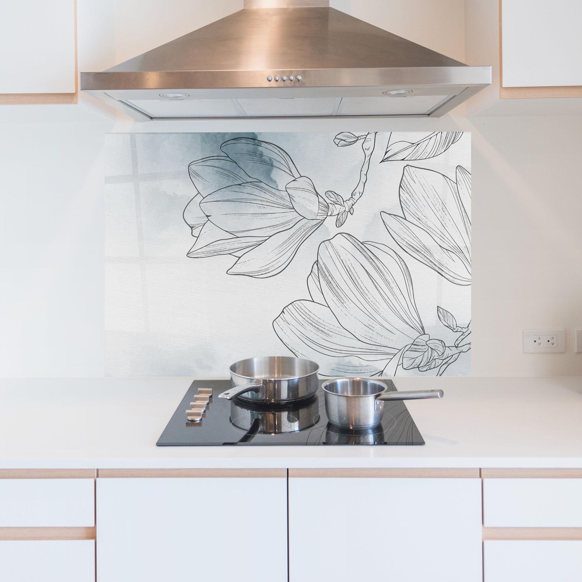 Panou Sticla Bucatarie Blue Line Flower mockup 5